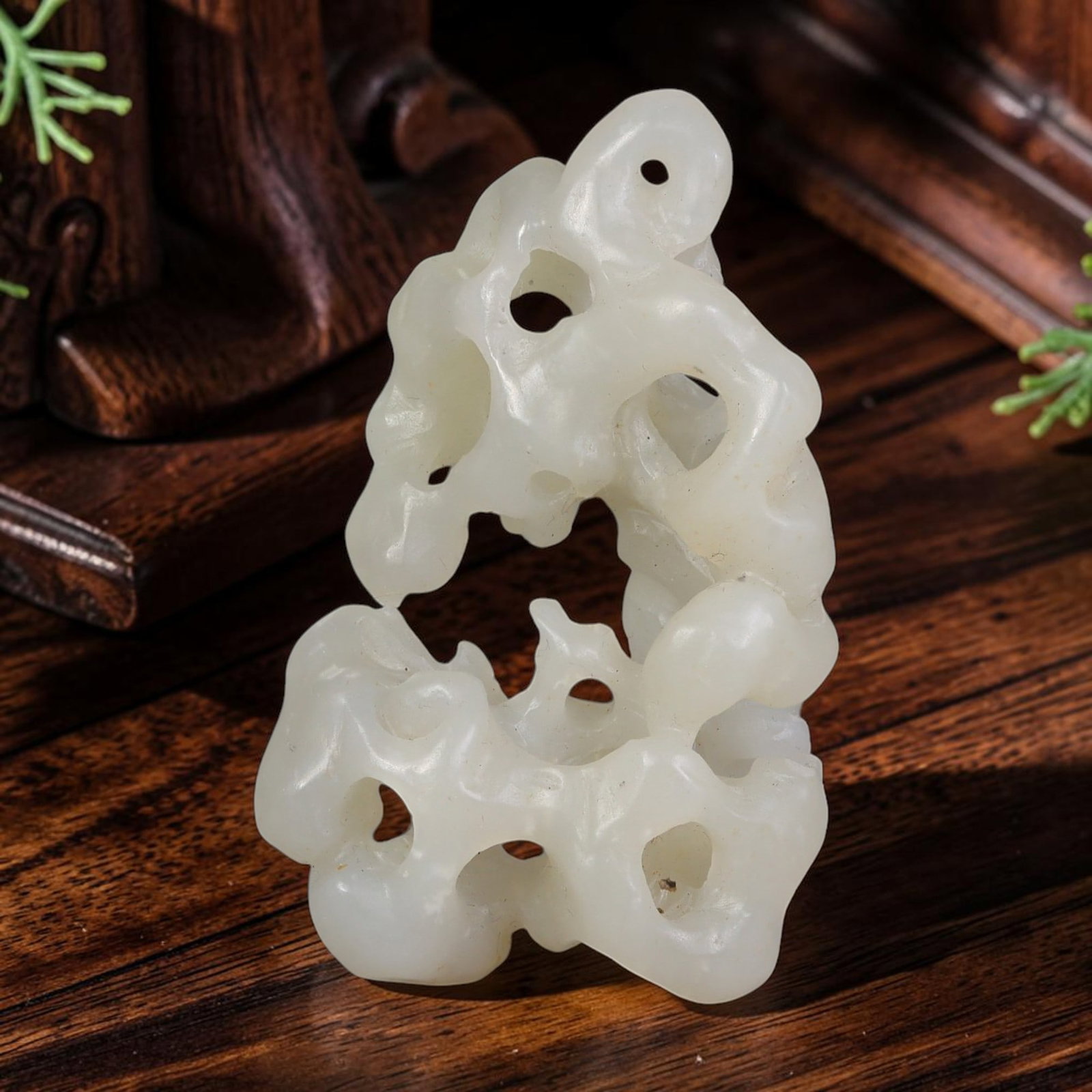 Chinese Hetian Nephrite Jade Pendant - Carved Openwork Figurine, 75AS: Crafted from solid Chinese Hetian jade, this piece is executed with traditional hand-carving techniques, featuring intricate openwork piercing, smooth polished surfaces, and precise hollowed detailing