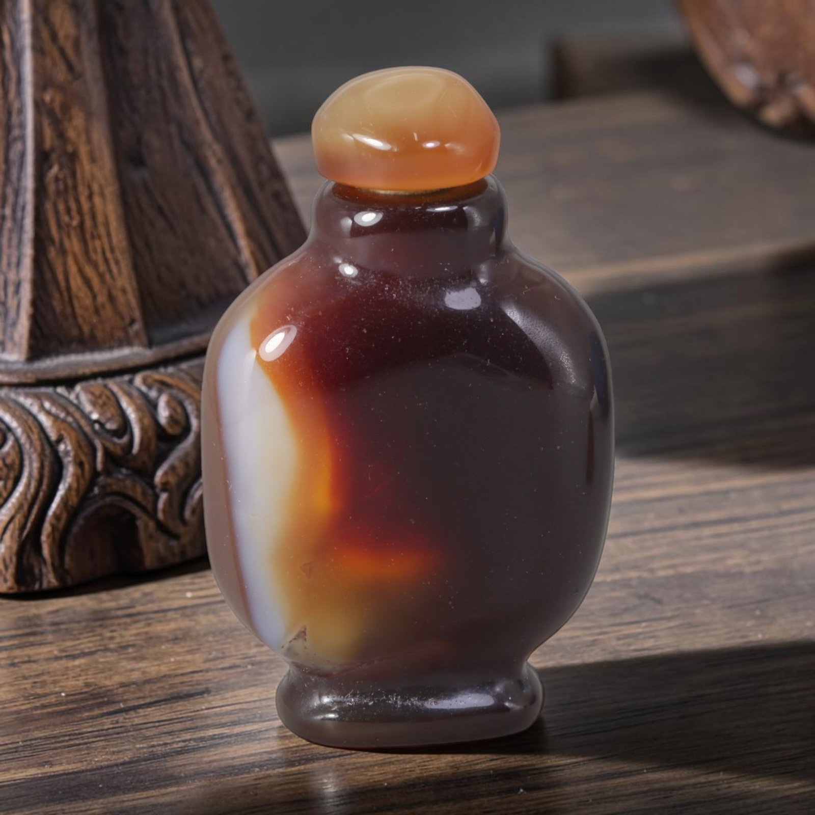 Natural Mongolian Agate Snuff Bottle - Dual Tone Banded Chalcedony Vessel, 98AR: This hand-carved snuff bottle is crafted from natural Mongolian agate chalcedony, featuring a deep smoky amber primary matrix offset by a broad vertical band of milky white and warm burnt orange miner