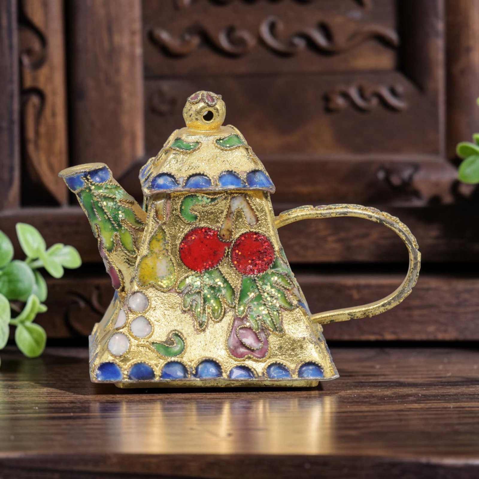 Vintage Chinese Copper Cloisonne Miniature Teapot - Floral Gilt Enamel, 45YF: Crafted from a copper base with gilded cloisonne wirework and hand-fired polychrome enamel glazes, this miniature teapot features a pyramidal body with a curved spout and loop handle. The gilt metal s