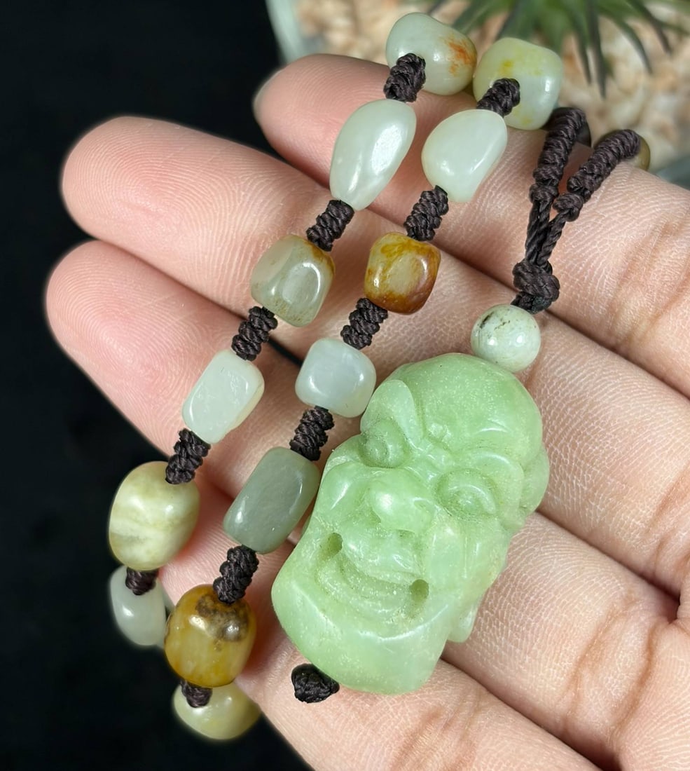 Natural Xinjiang Hetian Multi Russet Skin Seed Jade Necklace With Celadon Luohan Head Pendant, 27AT: This complete wearable jade necklace strand measures 60 cm in full length, crafted from authentic untreated Xinjiang Hetian nephrite river seed pebbles with natural warm golden, amber and faint orange