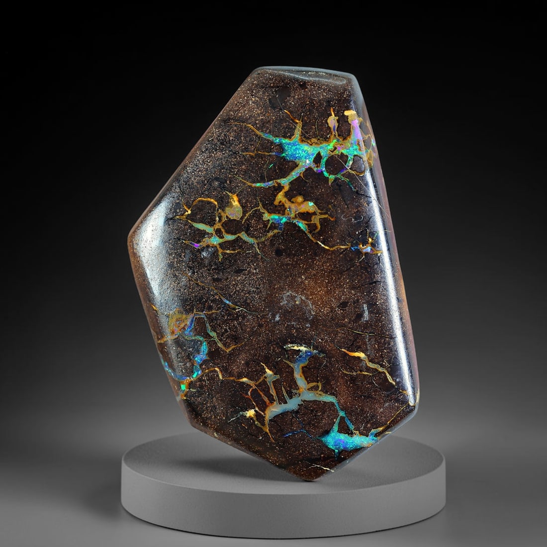 36.48ct Natural Australian Queensland Matrix Boulder Opal Freeform Pentagon Cabochon, 14AV: Hand polished asymmetrical freeform pentagon cabochon crafted from natural Queensland matrix boulder opal, featuring fine glitter-speckled deep brown ironstone host laced with intricate branching frac