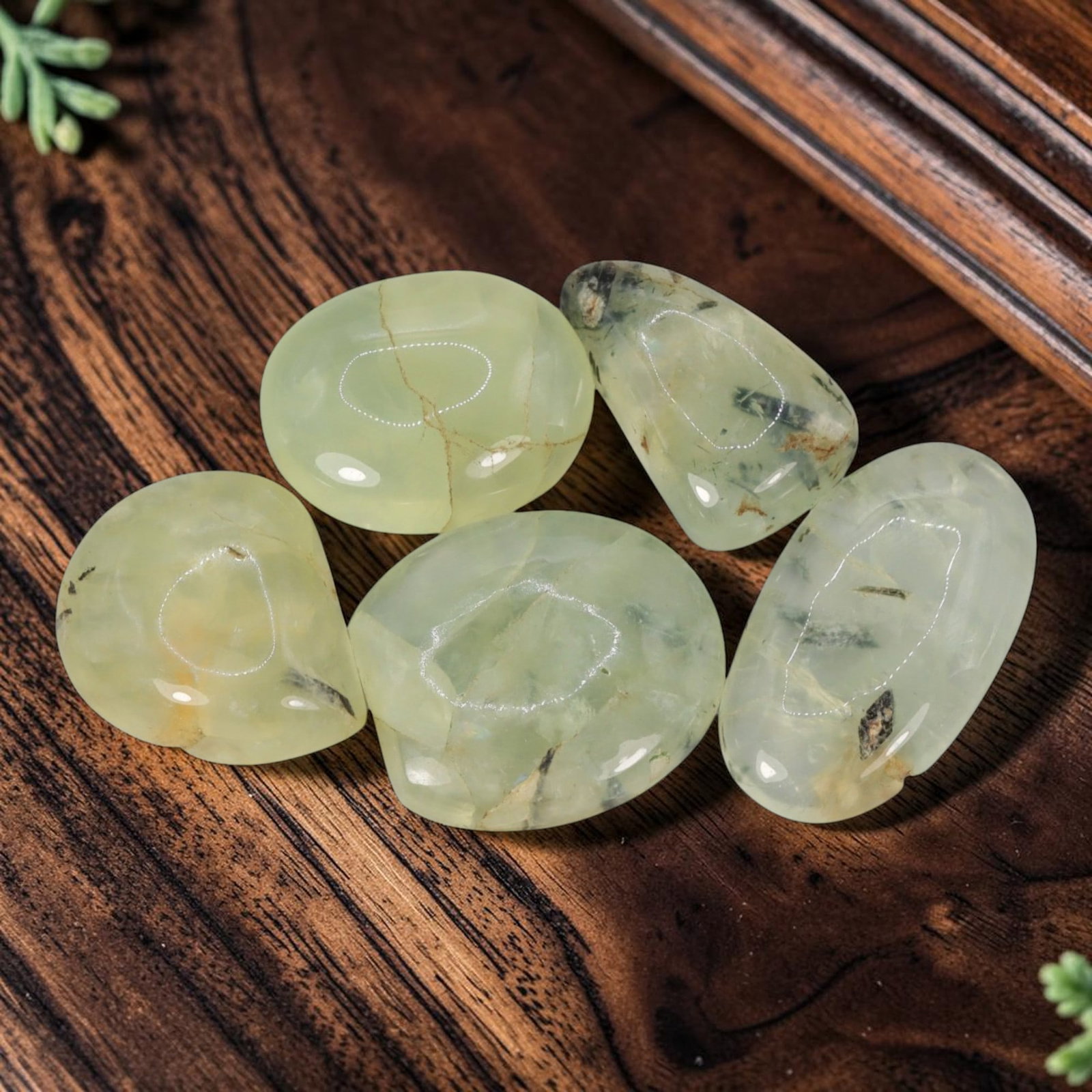 194.34 Carats Natural Prehnite Mixed Cabochon Lot, 31WC: I've got a real nice parcel here to show you, five polished prehnite cabochons with organic freeform and oval silhouettes full of natural character. These stones carry a soft pale lime-green hue, ligh