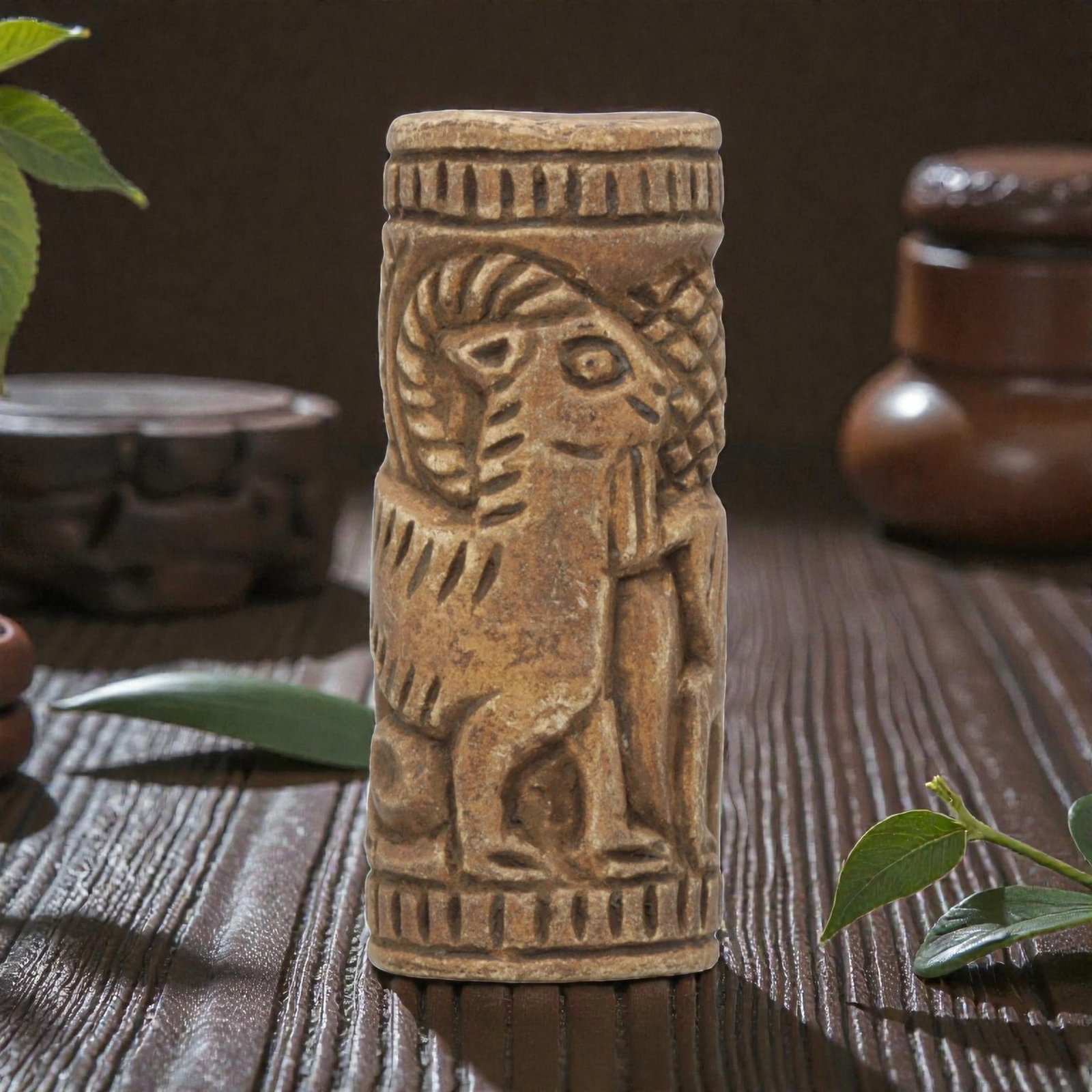 Ancient Stone Cylinder Seal - Near Eastern Ram Relief, 16WJ: Carved from a fine-grained, pale beige stone, this artifact takes the form of a cylindrical seal, adorned with a deeply carved relief scene. The central motif is a stylized ram, depicted with prominen