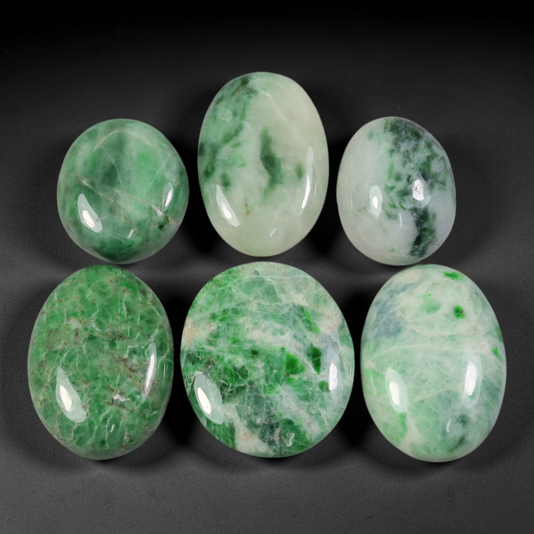 Lot of 6pcs 94ct Natural Burmese Type A Floating Emerald Ice Jadeite Jade Cabochons, 53AV: This wholesale gem bundle holds 6 fully untreated natural Burmese Type A jadeite jade cabochons in oval and rounded oval silhouettes, total combined weight 94ct with maximum size 23x19mm. Each stone f