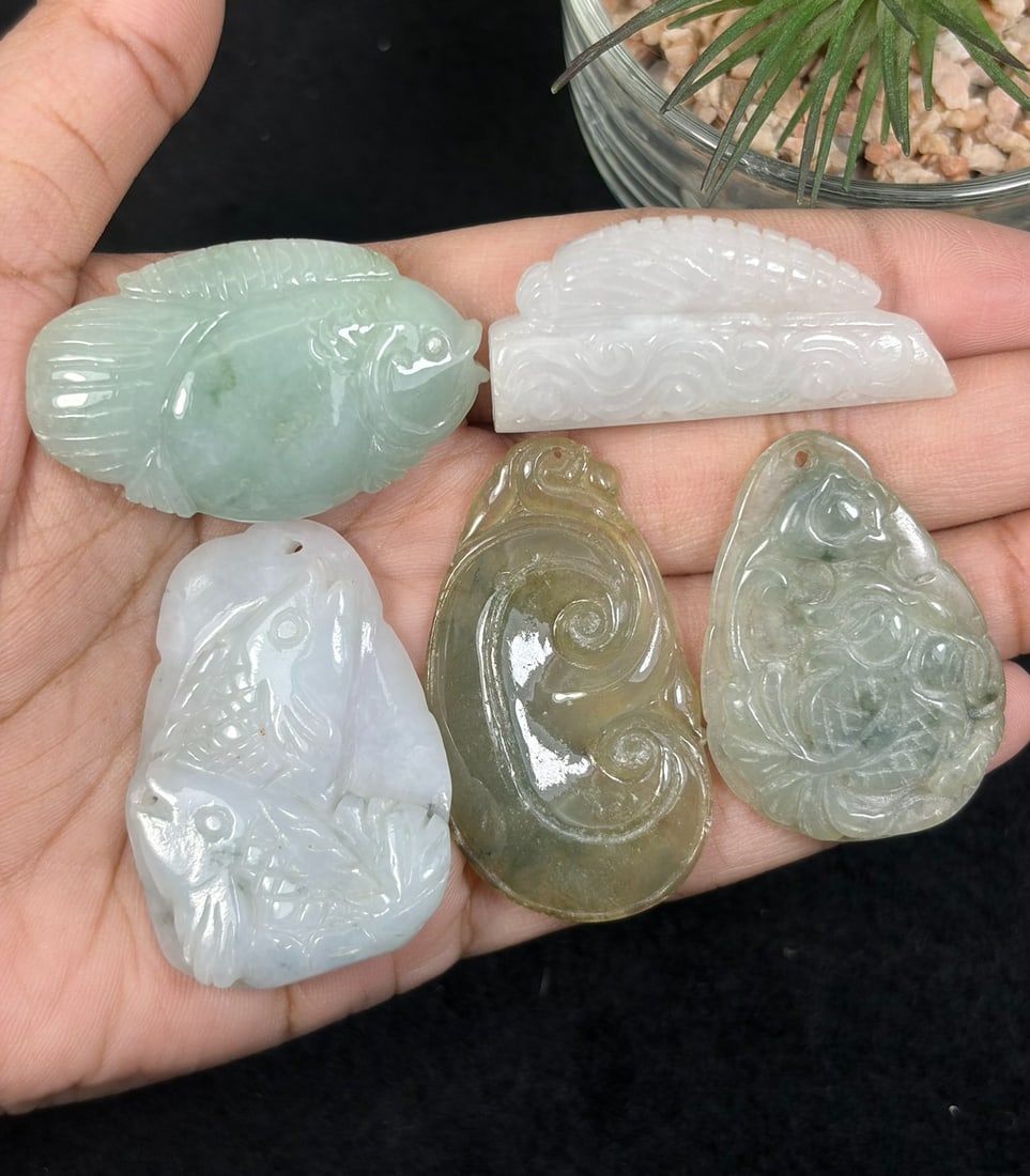 Lot Of 5 Natural Burmese Type A Jadeite Jade Carved Pendants, 86AR: This five-piece collection consists of hand-carved pendants made from untreated natural Type A Burmese jadeite jade, featuring traditional auspicious Chinese designs including single fish relief, doub