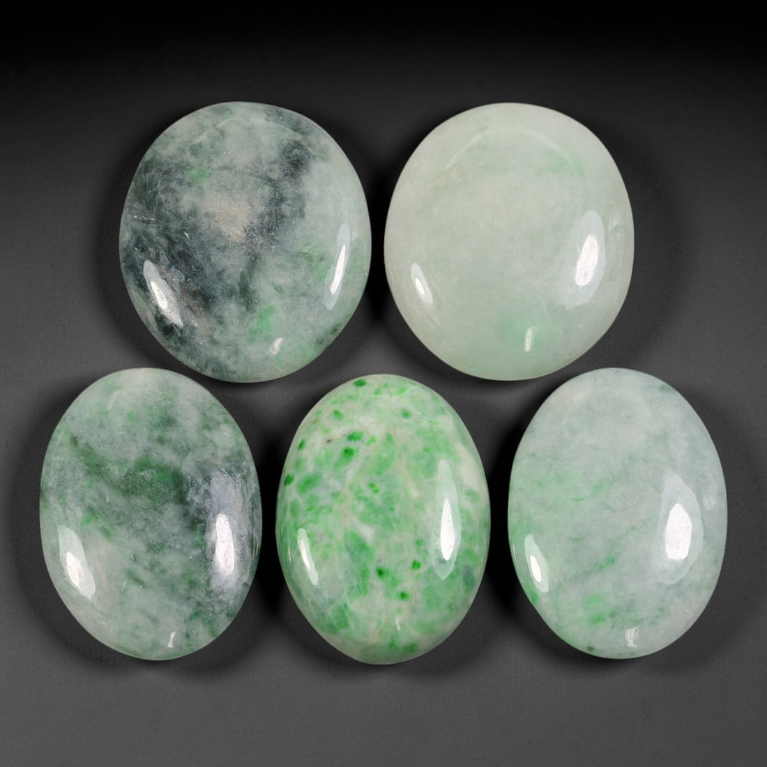 Lot of 5pcs 163ct Natural Burmese Type A Floating Moss Ice Jadeite Jade Cabochons, 57AV: This wholesale bulk lot includes 5 fully untreated natural Burmese Type A jadeite jade cabochons in oval and rounded silhouettes, total combined weight 163ct with maximum dimension 28x24mm. Each stone