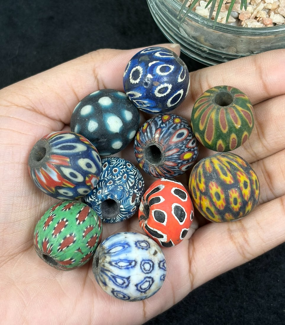 Antique Glass Bead - Islamic Jatim Mosaic Ikat Feather Bead, 40YH: These spherical beads are handcrafted polychrome mosaic glass examples formed via millefiori glasswork, with composite coloured glass inlays creating repeating ikat and feather patterned detailing acr