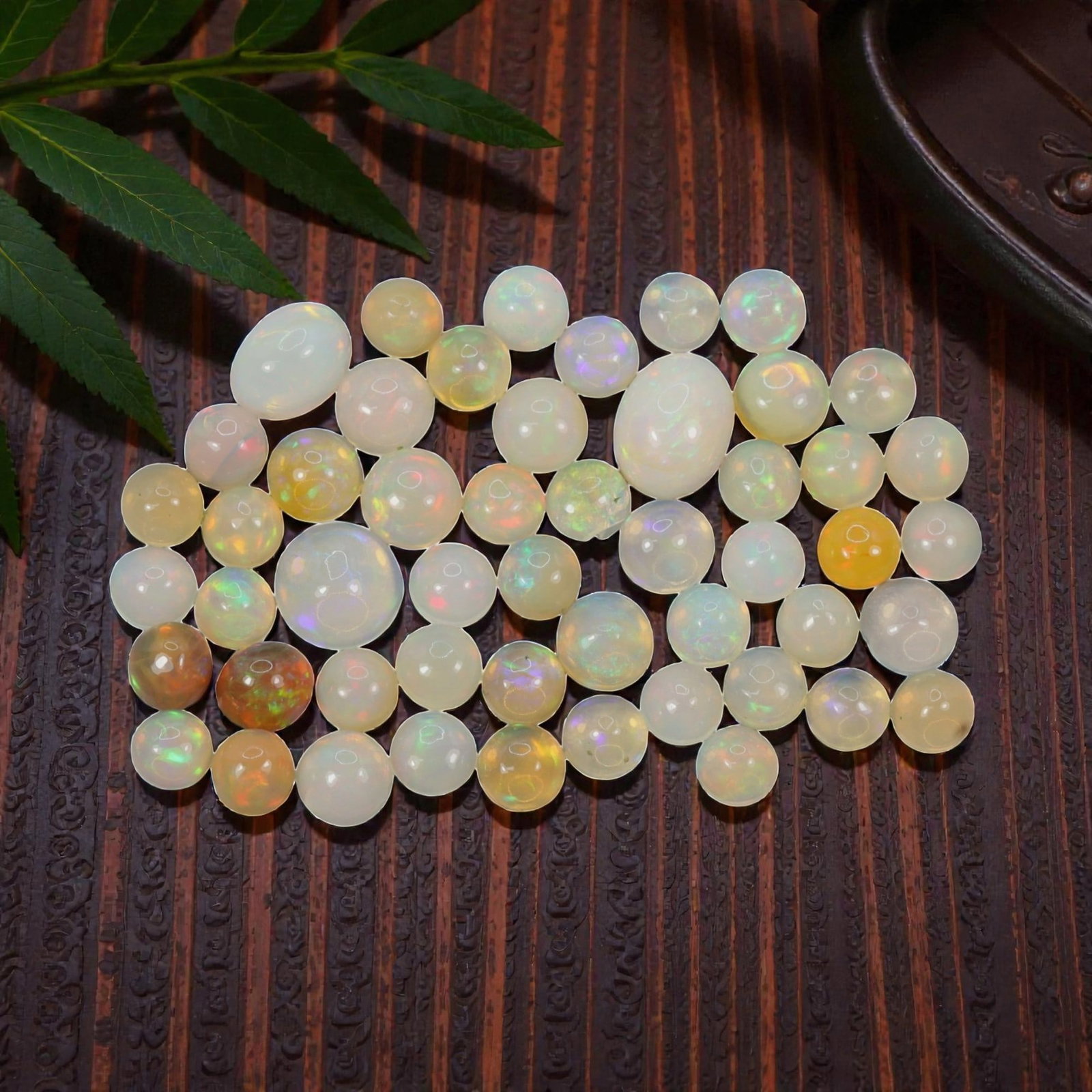 23.08 Carats Welo Opal Cabochon Parcel - Natural Ethiopian Stones, 50XA: This vibrant collection of Welo opals features a stunning variety of translucent body tones, from milky white and soft cream to warm honey and golden-orange, each adorned with vivid, shifting color pl