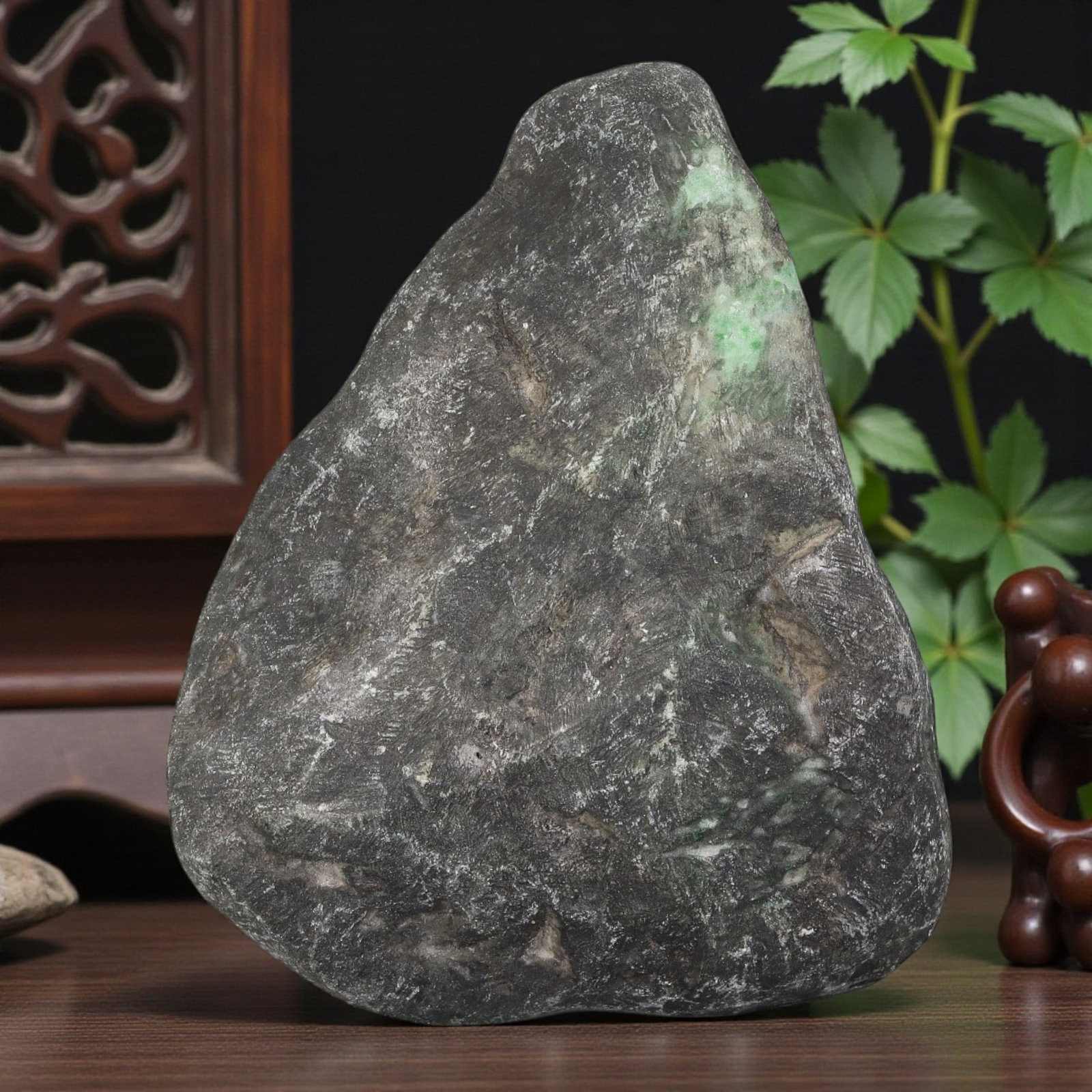 1530ct Natural Burmese Dark Skin Green Spot Jadeite Rough - Raw Mine Stone, 73EA: This is a natural Type A Burmese jadeite rough stone, measuring 9.5x7.5cm and weighing 306g (1530ct). It features a rugged dark grey outer skin with visible patches of vivid green jadeite peeking thro