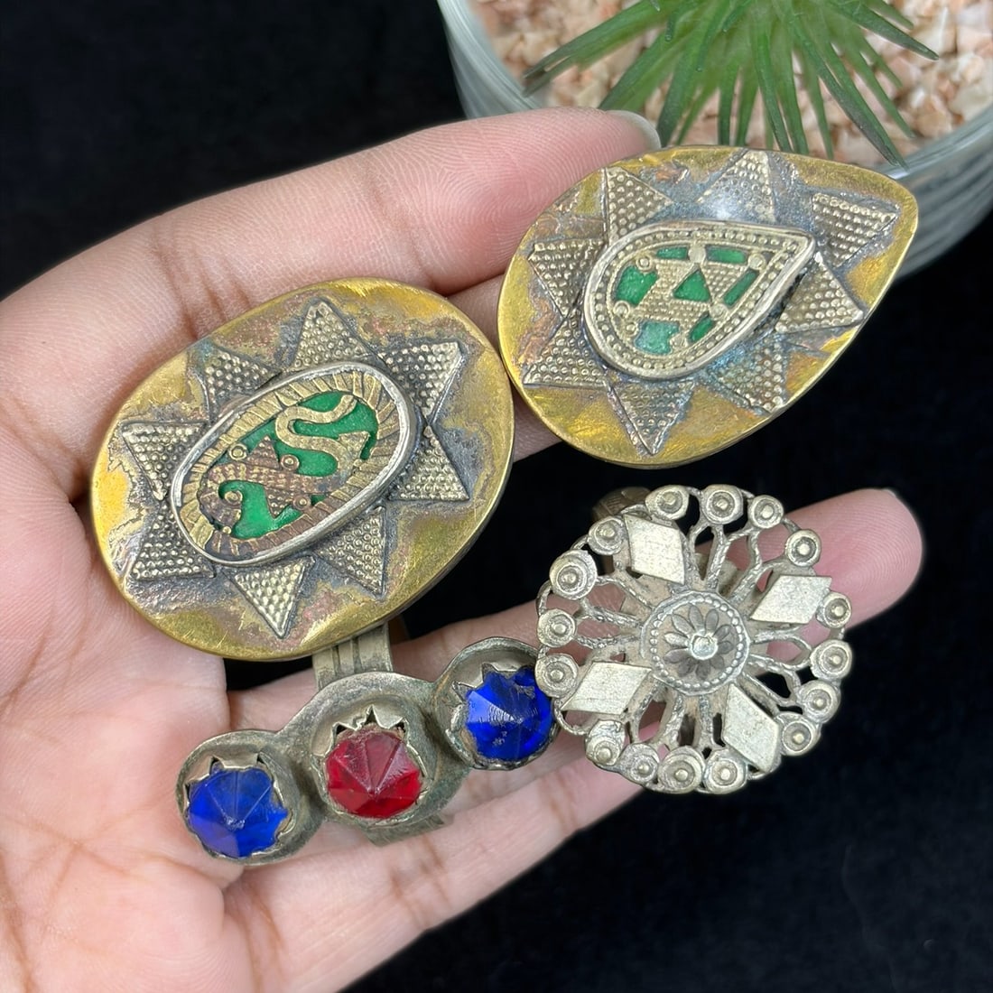 Vintage Central Asian Enamel Ethnic Silvered Gilt Rings Lot, 1AS (1 of 2)