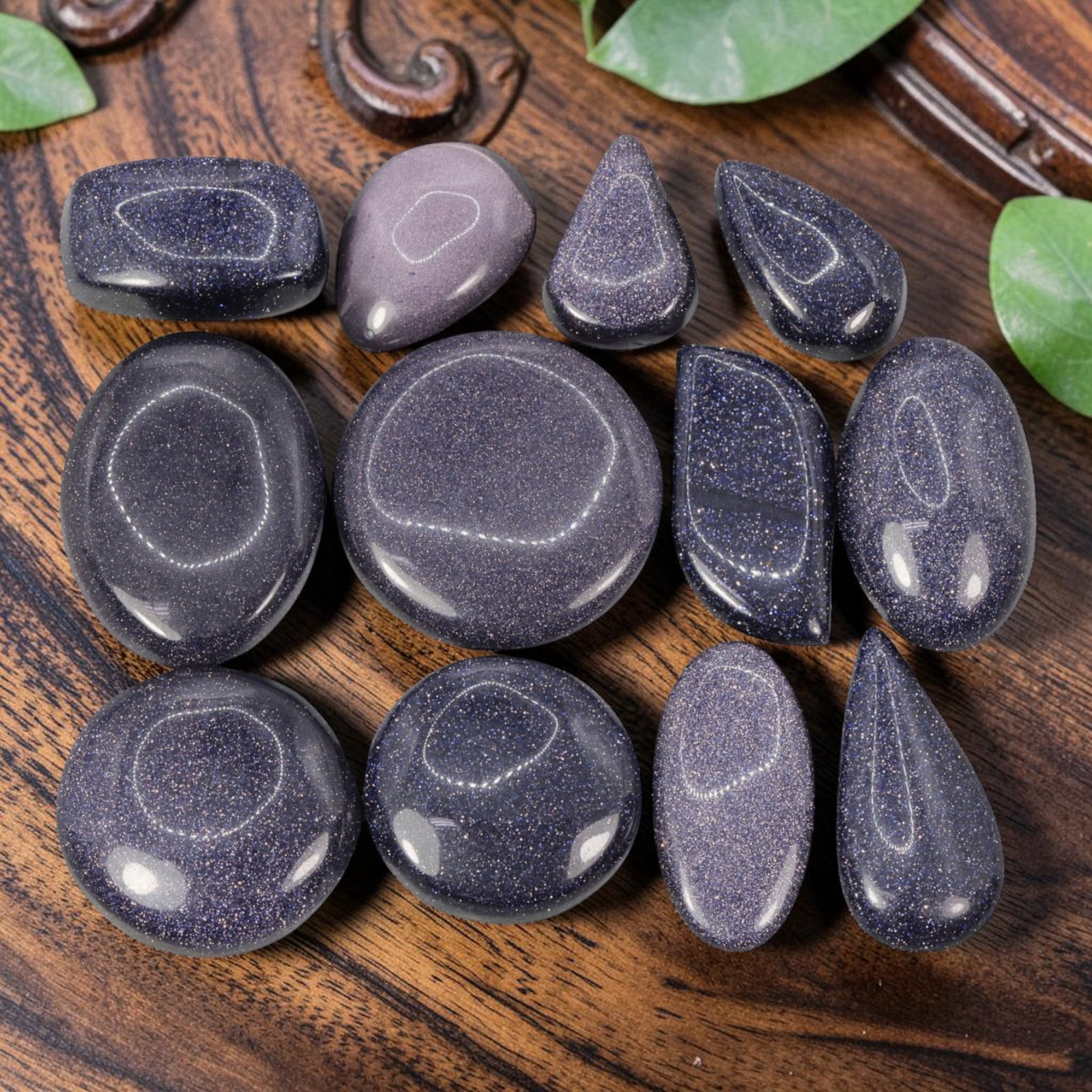 196.96 Carats Natural Blue Goldstone Mixed Shape Cabochon Lot, 6WC: I'm happy to present this nice batch of twelve polished blue goldstone cabochons in a fun mix of shapes. These little beauties have a deep rich navy base filled with countless tiny sparkling metallic 
