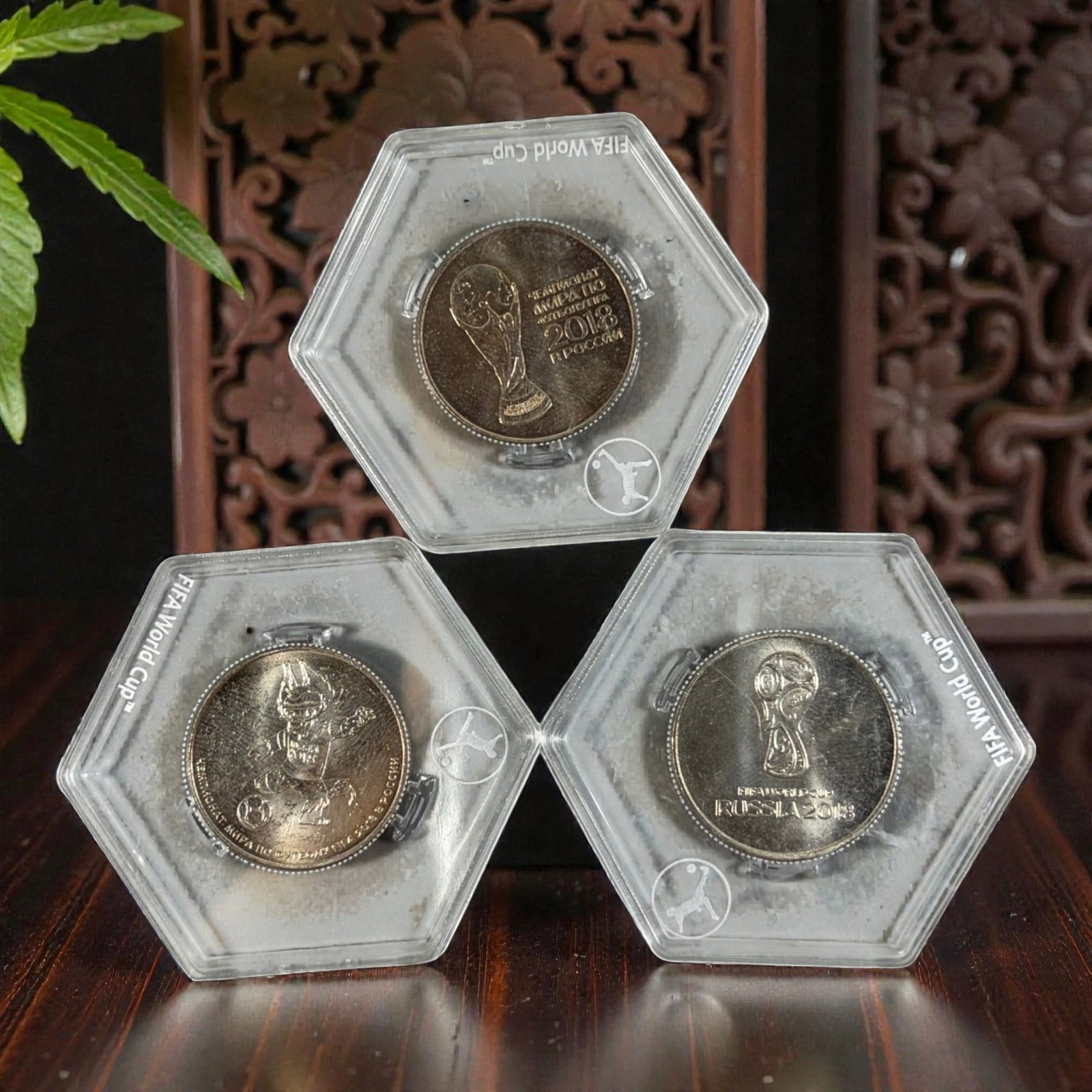 RUSSIA: FIFA World Cup - 25 Roubles Commemorative Coin Set, 2018, 27mm, 4ZJ: This three-coin set was issued by the Bank of Russia in 2018 to commemorate the FIFA World Cup, a global sporting event that united nations through the universal language of football. The obverse of e