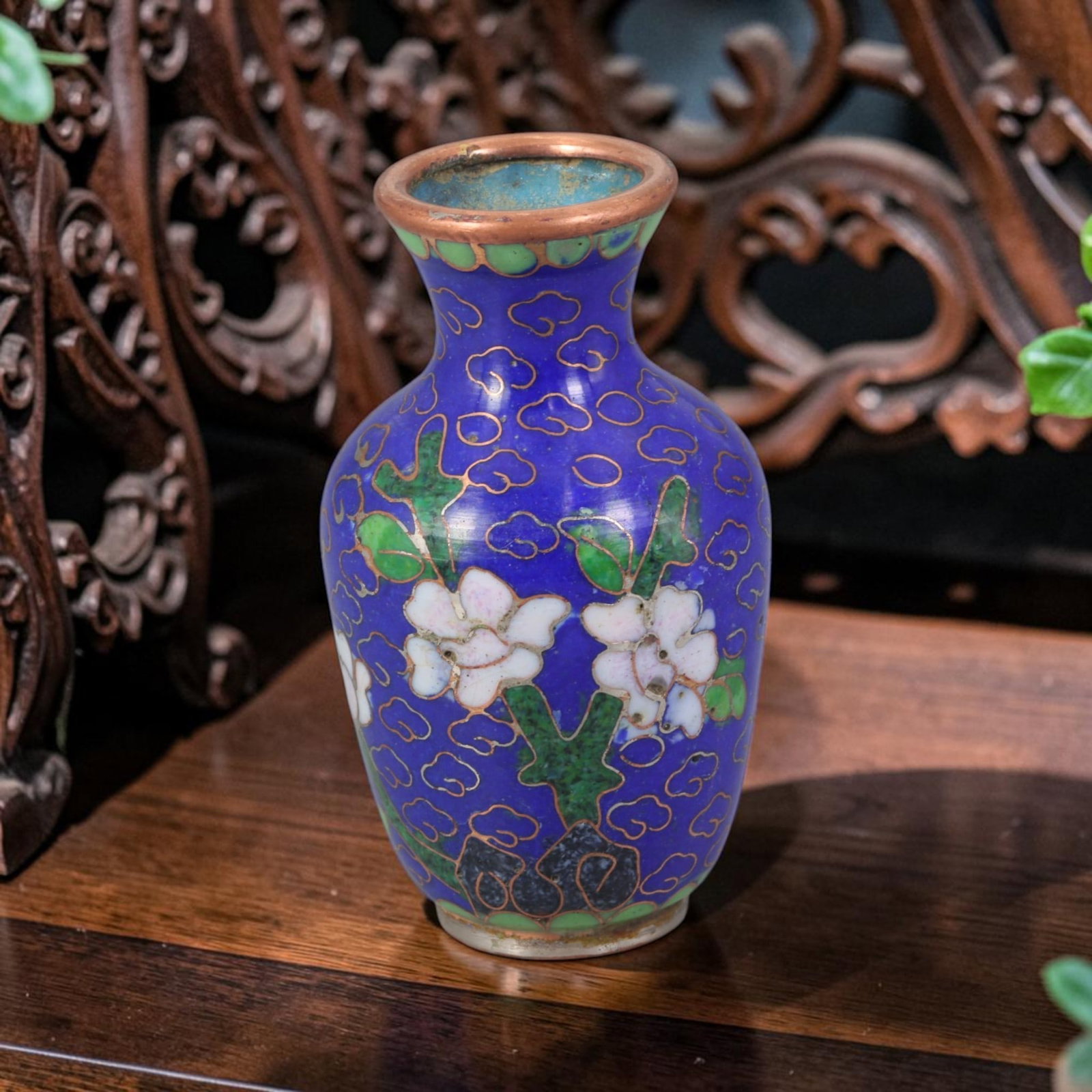 Vintage Chinese Copper Cloisonne Mini Vase - White Floral Blue Enamel Vessel, 35AR: Crafted on a copper base with classic Chinese cloisonne fine copper wire filigree and hand-fired colored enamel glazes. The miniature baluster vase features a rich deep cobalt blue enamel ground cover