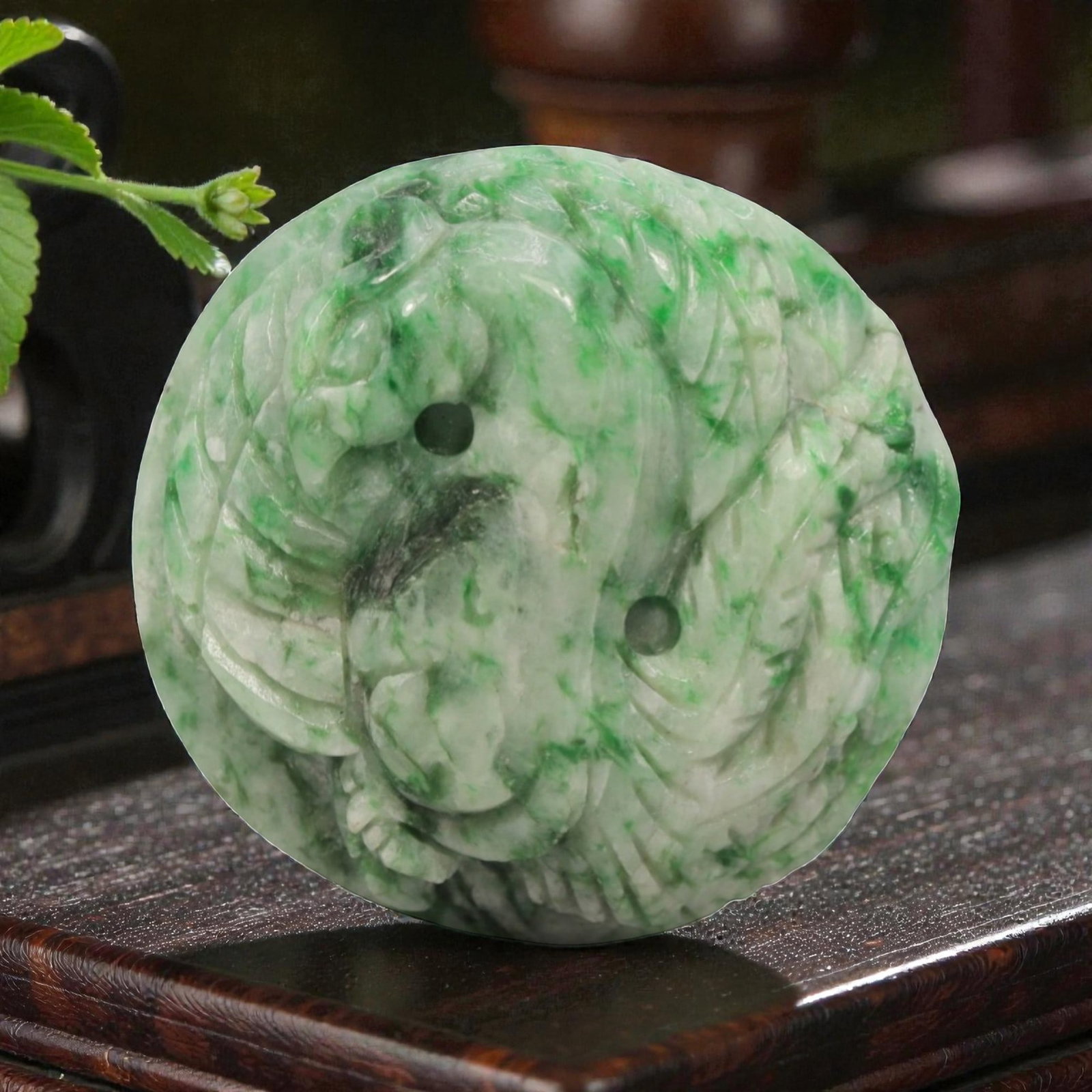 Natural Burmese Type A Jadeite Jade Amulet Pendant, 20th Century, 18ZL: Carved from pale green jadeite jade with natural green inclusions distributed throughout the matrix, the pendant is formed as a circular object with a relief-carved phoenix motif on the exterior surfa