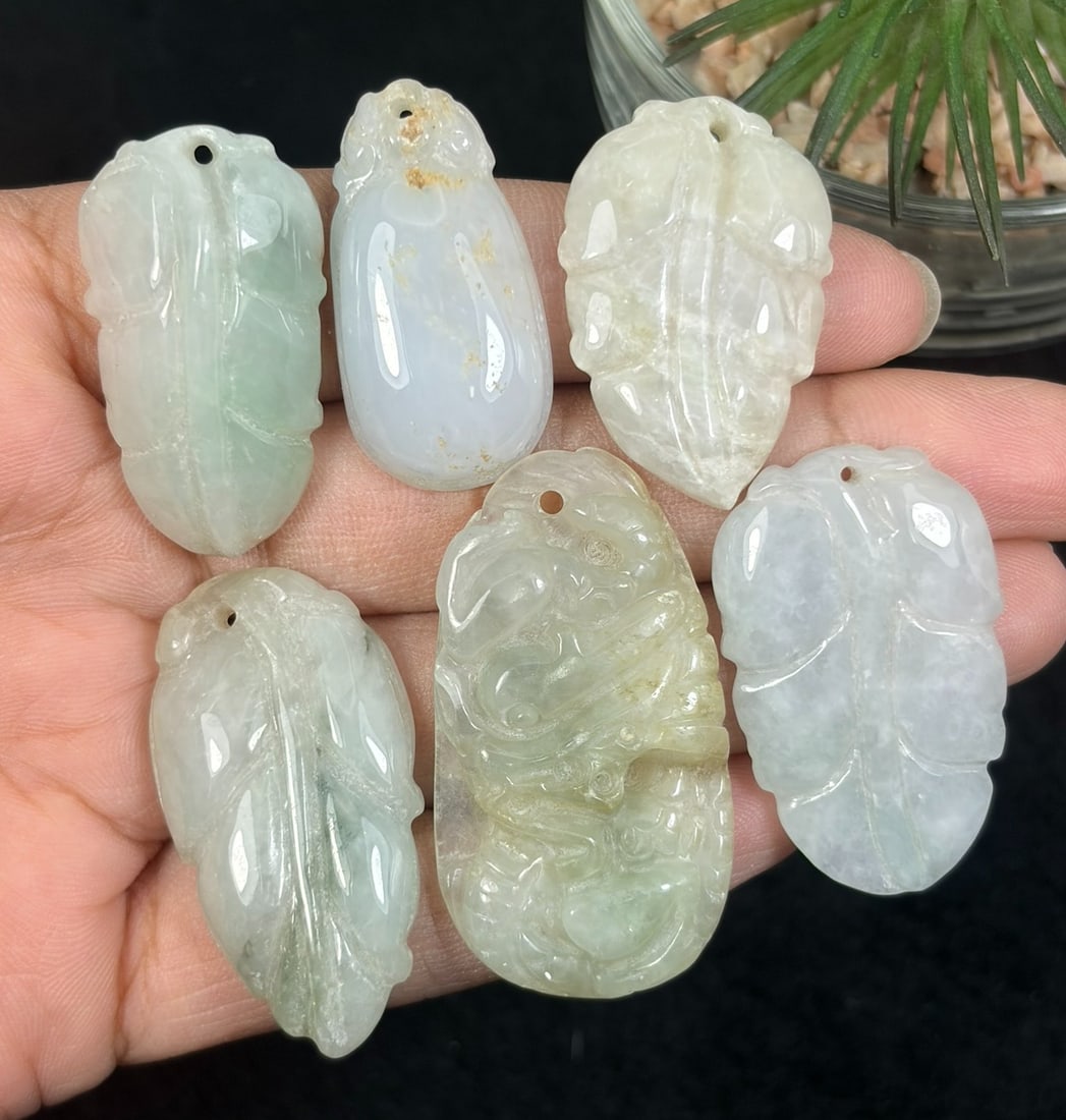 Lot Of 6 Natural Burmese Type A Jadeite Jade Carved Pendants, 75AR (1 of 2)