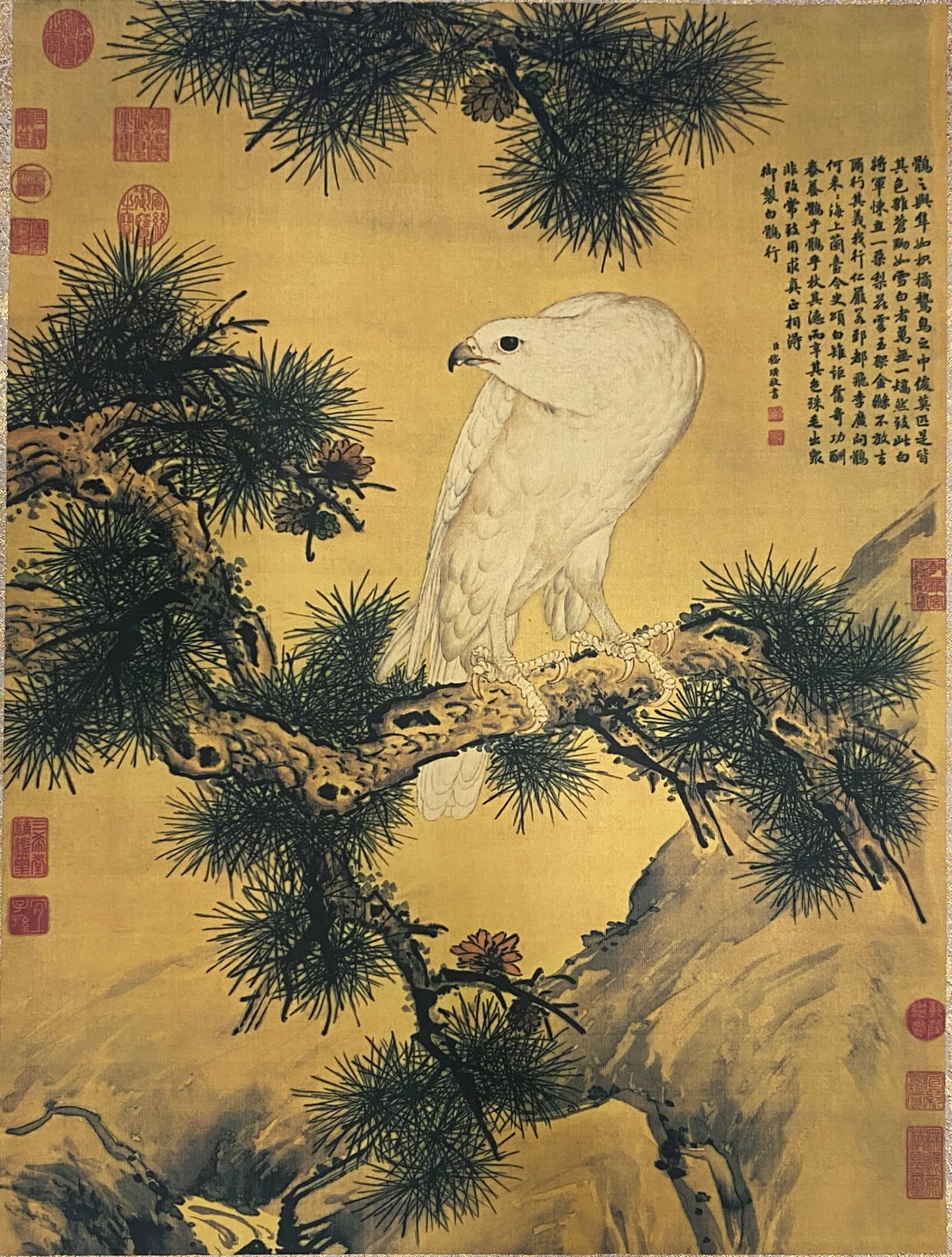 A Chinese Ink and Color Art Print, White Falcon on Pine, 20th Century, 14FV: Printed on a gilt-toned silk or paper ground, the composition features a white falcon perched on a gnarled pine branch, rendered in the imperial bird-and-flower painting style. The falcon is depicted 