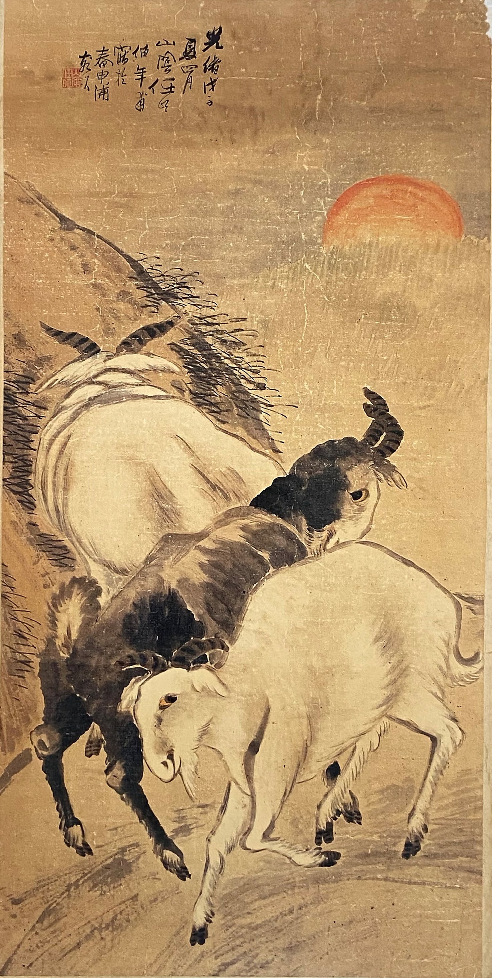 A Chinese Ink and Color Art Print of Three Goats, 20th Century, 8FK: Produced using fine art printing processes on aged paper stock, the work is an ink and color art print executed in the traditional Chinese animal painting idiom. The composition features three goats i