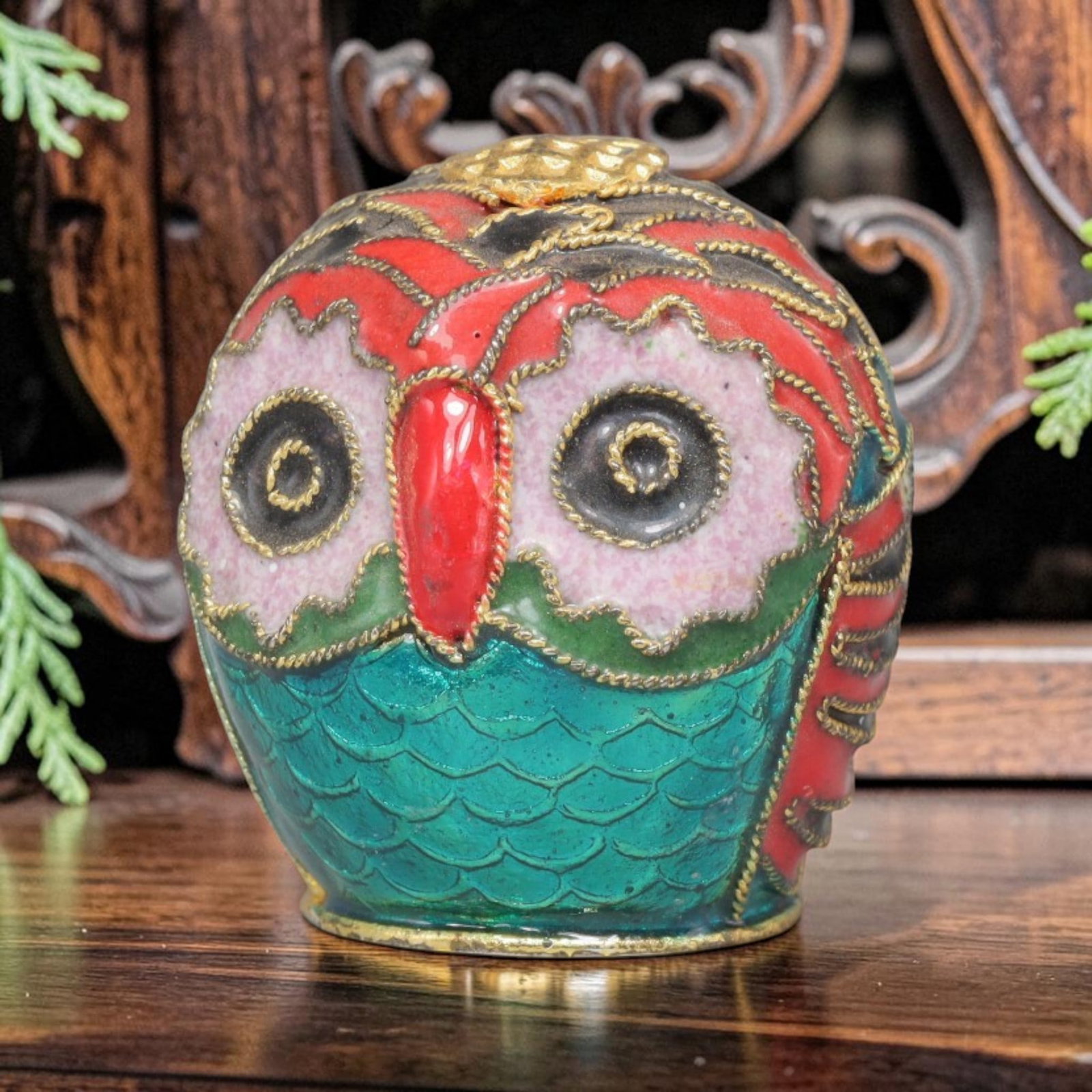 Vintage Chinese Copper Cloisonne Owl Figurine - Enamel Bird Statue, 13YF: Crafted from copper base metal with fine cloisonne wire filigree and hand-fired polychrome enamel glazes, this whimsical miniature owl figurine features vibrant multi-colored detailing across its face