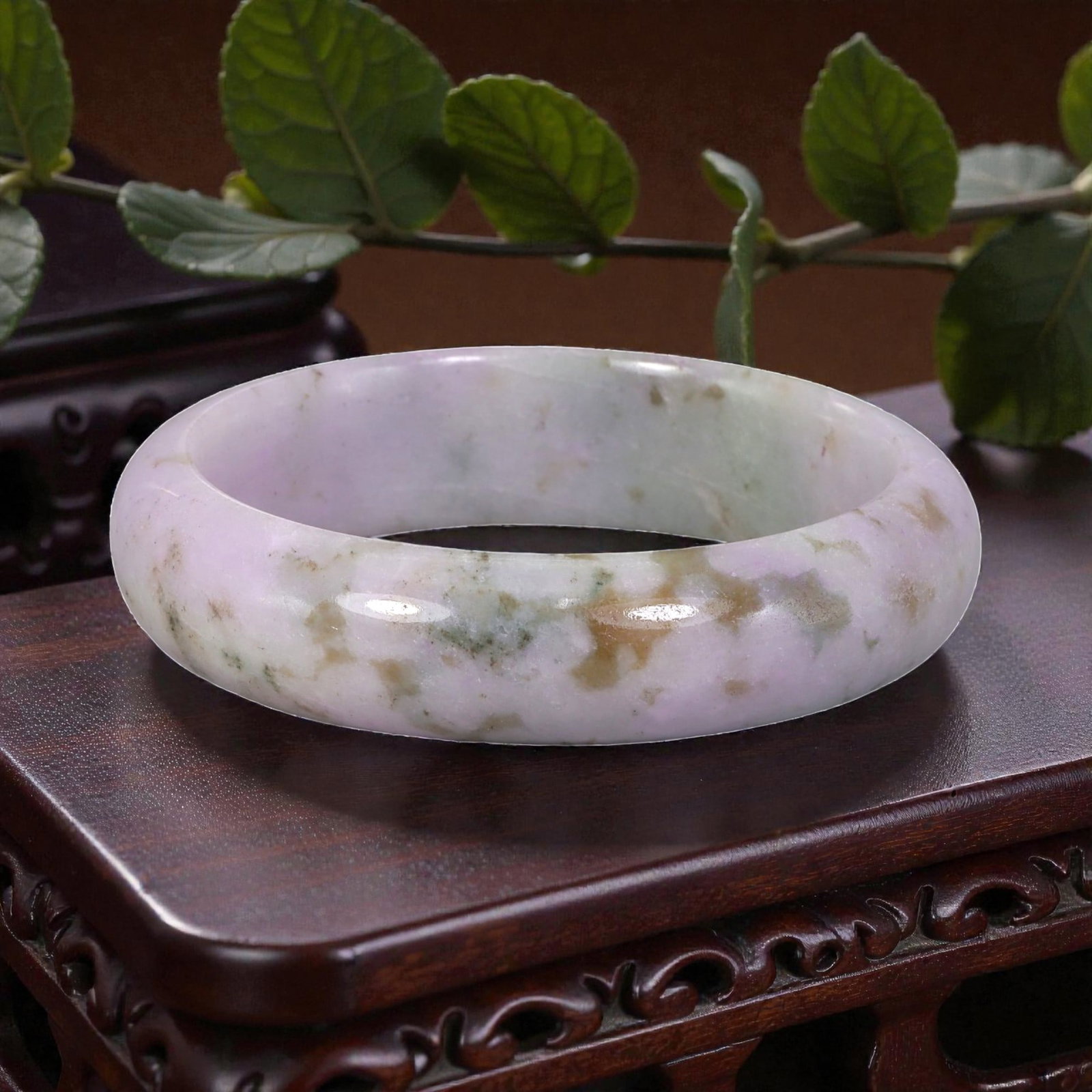 Natural Burmese Type A Lavender Jadeite Bangle - Green Vein Bracelet, 17EA: This is a wide, solid bangle crafted from natural Burmese Type A jadeite, displaying a soft lavender base with flowing green and subtle russet veining throughout the polished stone. The surface exhibi