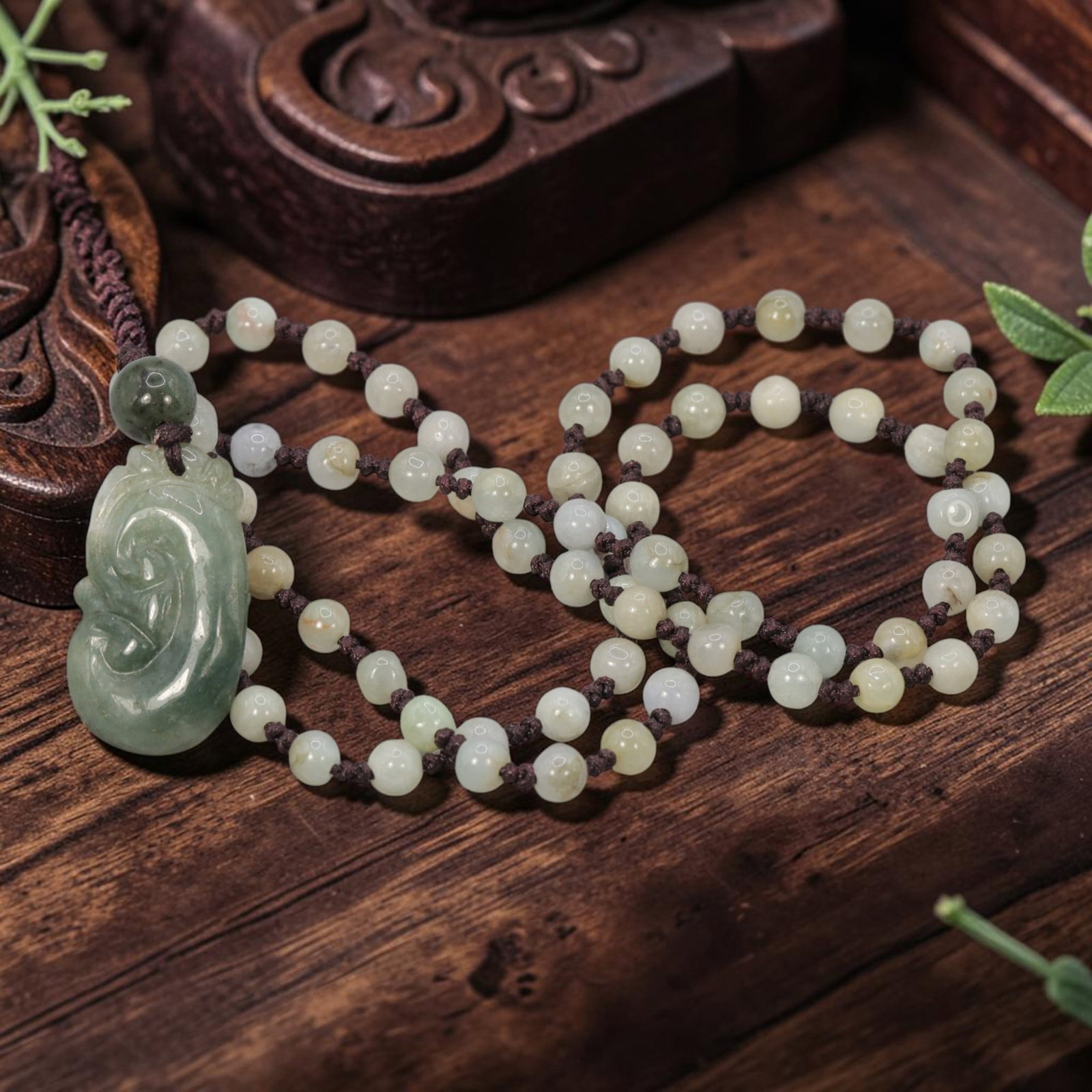 Burmese Jadeite Beaded Necklace with Natural Chinese Jade Ruyi Pendant, 61YJ: This necklace features a hand-carved natural Chinese jade ruyi pendant paired with natural Burmese jadeite round beads, strung on a brown cord. The pendant is crafted from soft green jade, depicting a