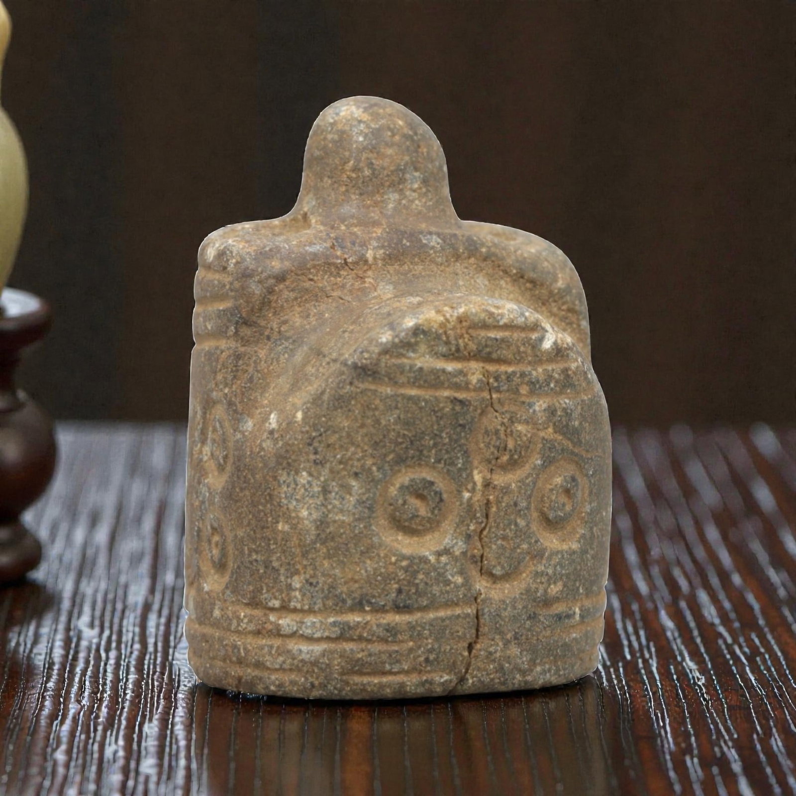 Ancient Stone Anthropomorphic Idol - South Asian Ritual Figurine, 19ZR: This artifact is a carved stone anthropomorphic idol, executed in the stylized religious tradition of ancient South Asia. The idol features a compact, blocky form with a rounded top knob, incised hori