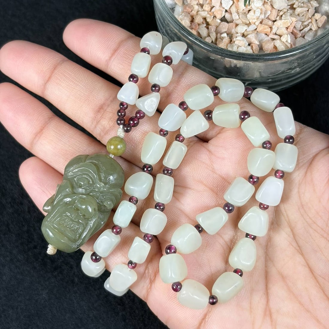 Natural Xinjiang Hetian Pale White Seed Jade Necklace With Celadon Luohan Head Pendant, 24AT: This full wearable necklace strand measures 60 cm in total length, made from genuine untreated Xinjiang Hetian nephrite river seed pebbles with clean pale milky white jade tone and minimal natural fai