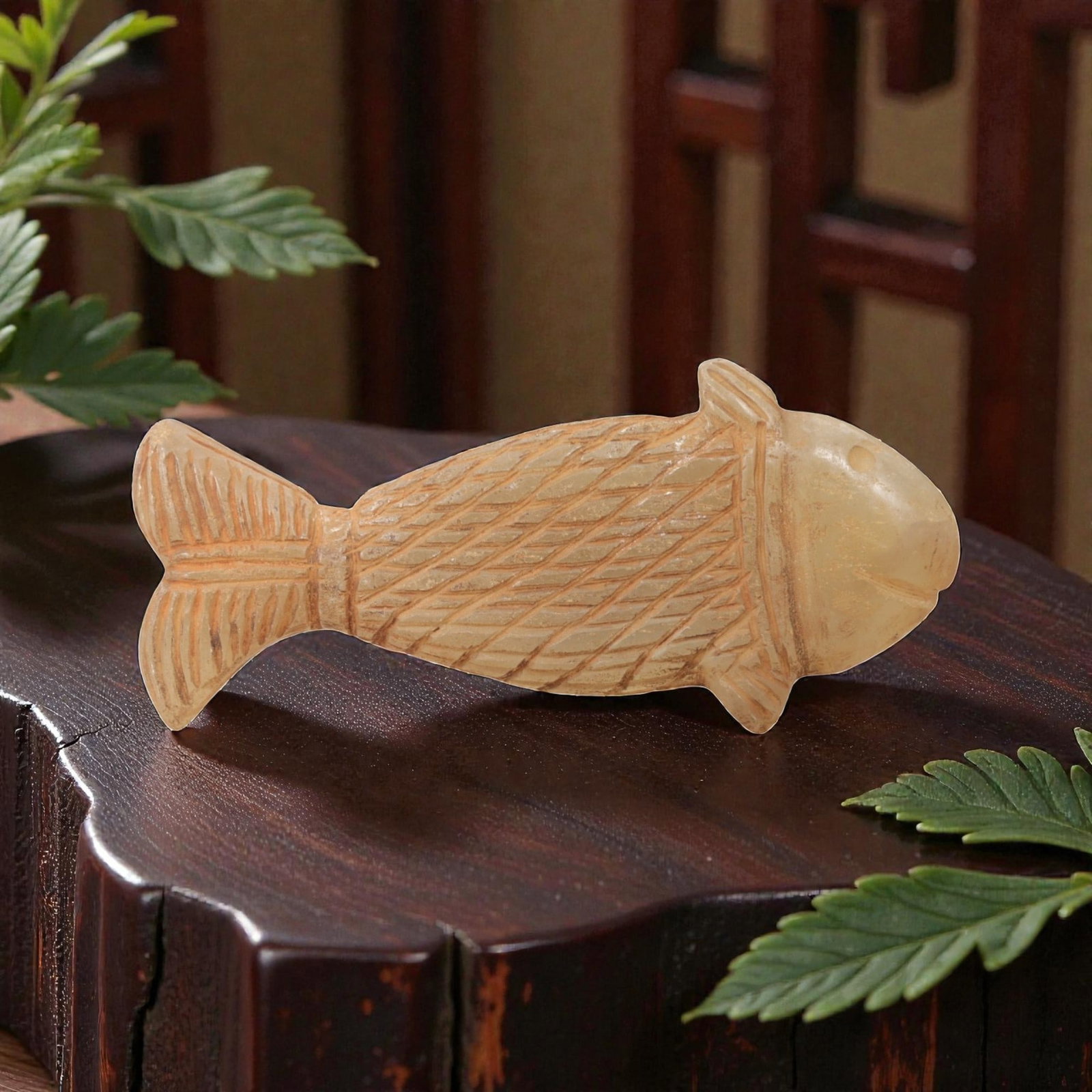 Ancient Chalcedony Fish - Near Eastern Amulet Figurine, 4AL: Carved from translucent chalcedony, this amulet depicts a stylized fish form with incised linear details defining the scales, fins, tail, and facial features, including a defined eye and mouth. Attrib