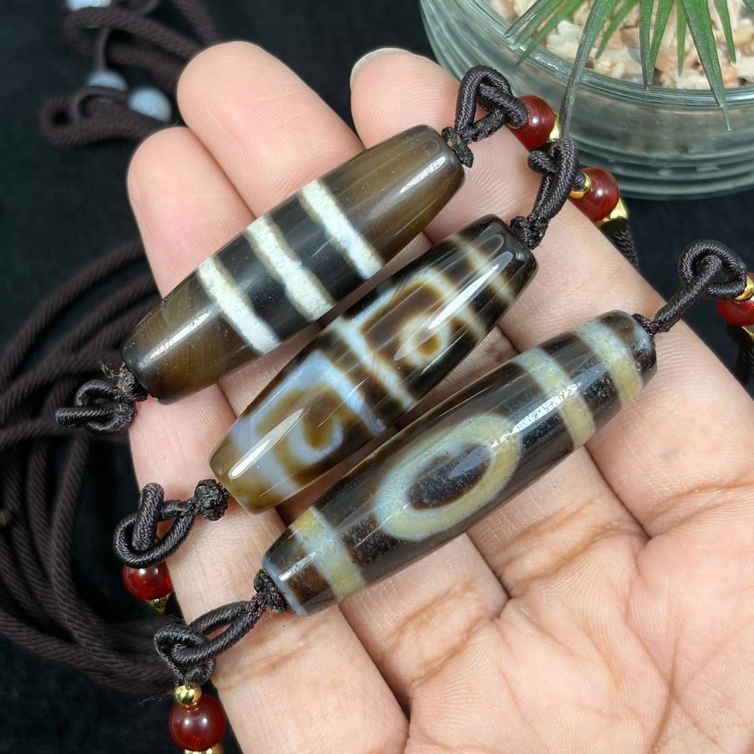 Set of 3 Chinese Agate Dzi Bead - Tibetan Pendant Necklace, 4YJ: This offering features three individual agate dzi bead pendants fully assembled as necklaces, each shaped from polished banded agate etched with traditional stripe and eye symbolic motifs typical of T
