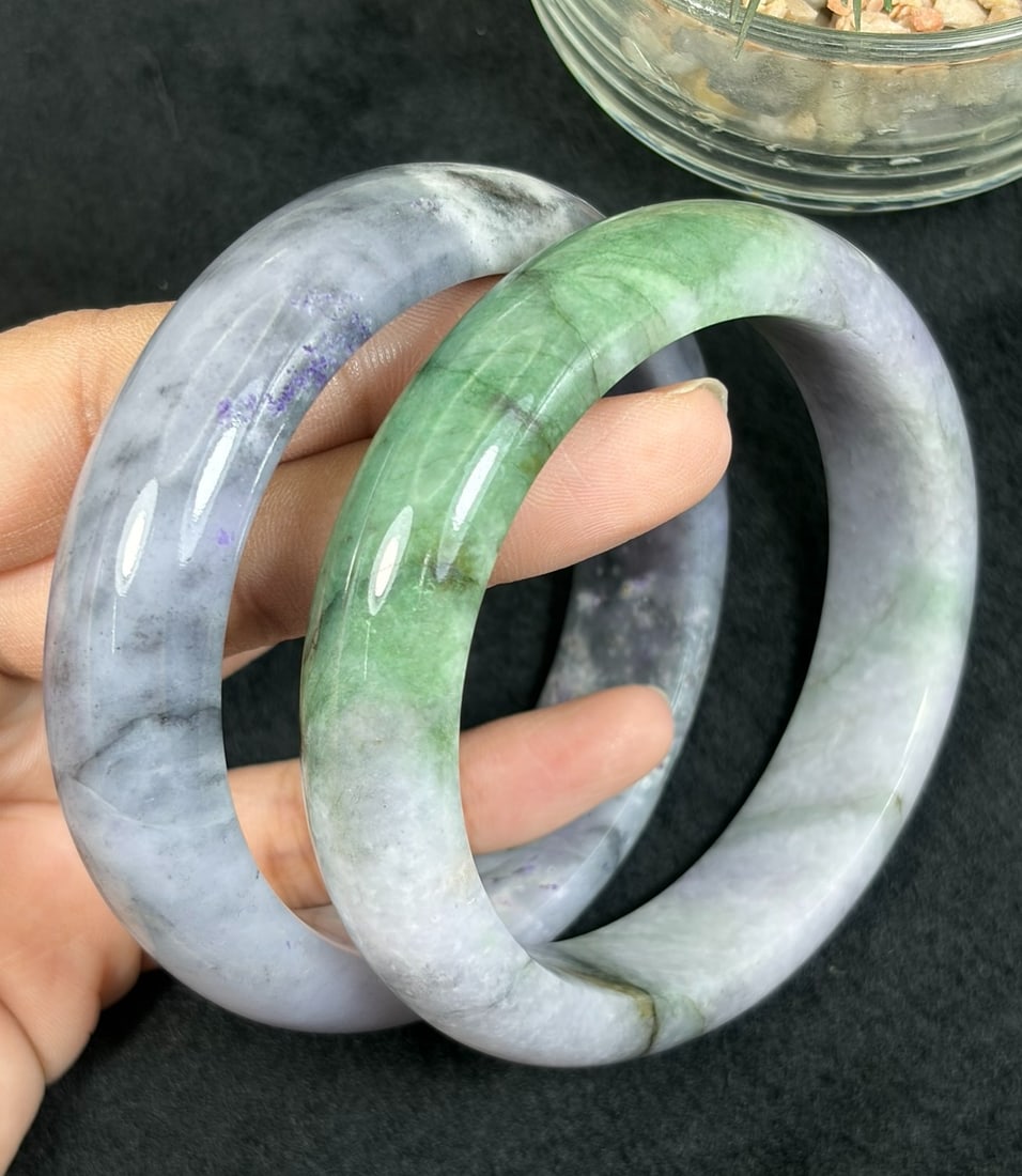 Lot of 2 Natural Burmese Type A Jadeite Bangles, 57.3mm & 58.2mm Inner Diameter, 38AV (1 of 2)