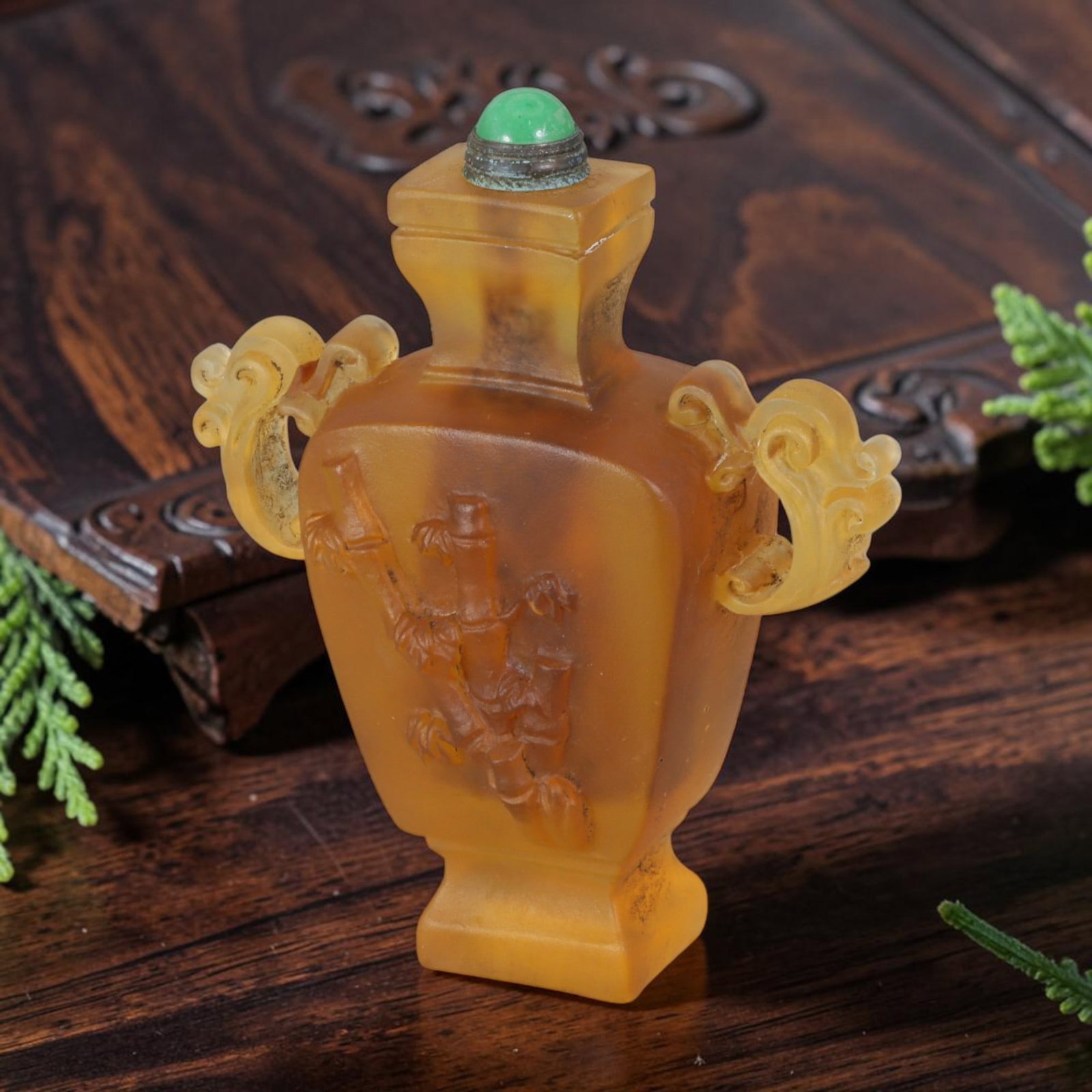 Vintage Chinese Liuli Glass Snuff Bottle - Relief Bamboo Square Vase Scroll Handles Vessel, 59AS: This square vase-style snuff bottle is hand-carved from frosted translucent honey-amber vintage Chinese liuli glass, crafted into a classic rectangular baluster silhouette with squared neck and steppe