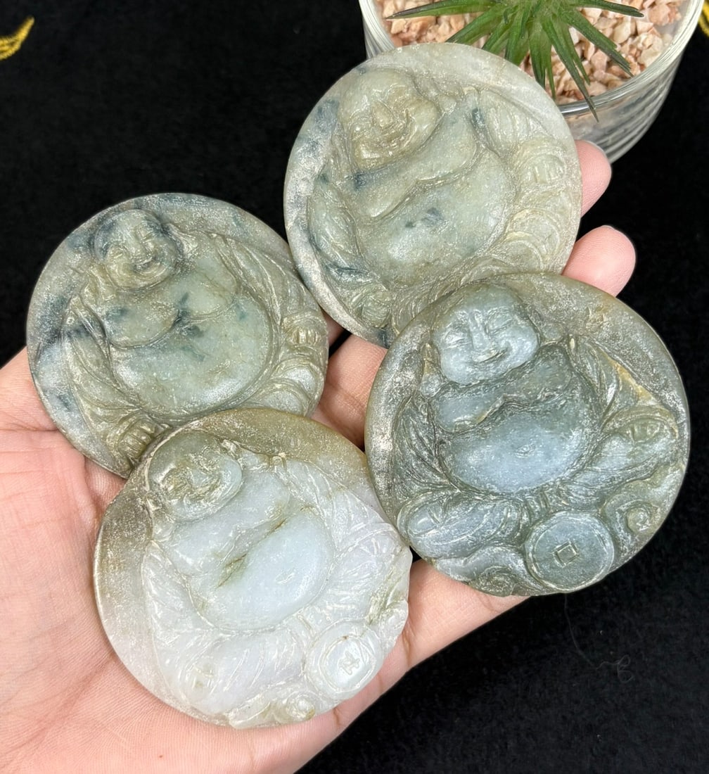 Lot of 4 Vintage Round Hand Carved Natural Burmese Type A Jadeite Laughing Buddha Pendants, 69AR: This four-piece lot features circular flat plaques crafted from untreated natural Burmese Type A jadeite jade, each deeply carved with a plump smiling Maitreya laughing Buddha motif; one design includ