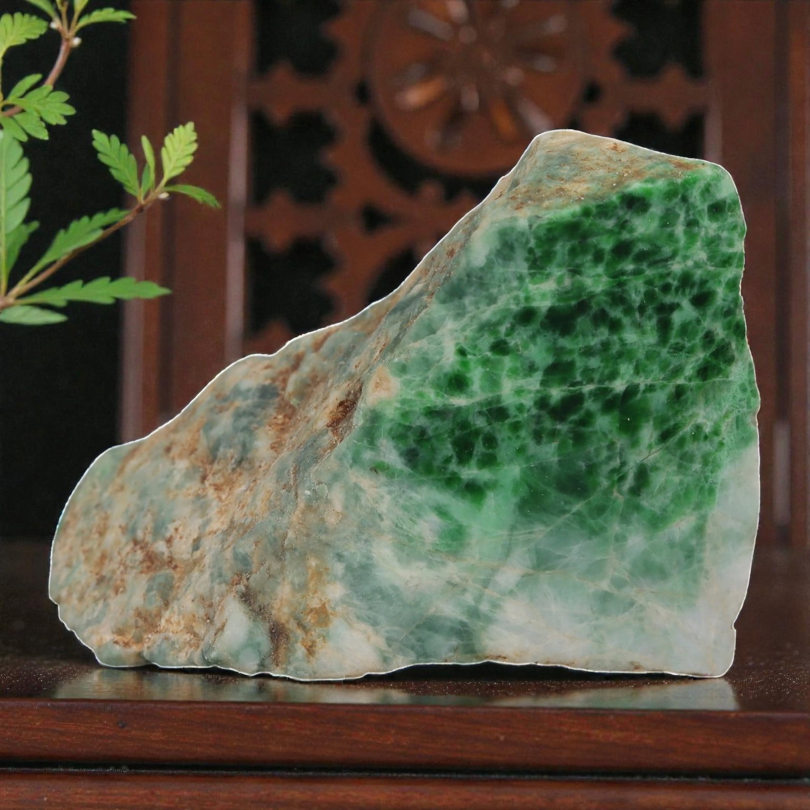 535ct Natural Burmese Moss in Snow Jadeite Rough - Deep Green Patterned Slab, 63EA: This is a natural Type A Burmese jadeite rough slab, measuring 7.5x4cm and weighing 107g (535ct). It showcases the stunning "Moss in Snow" pattern, with rich deep green moss-like inclusions naturally 