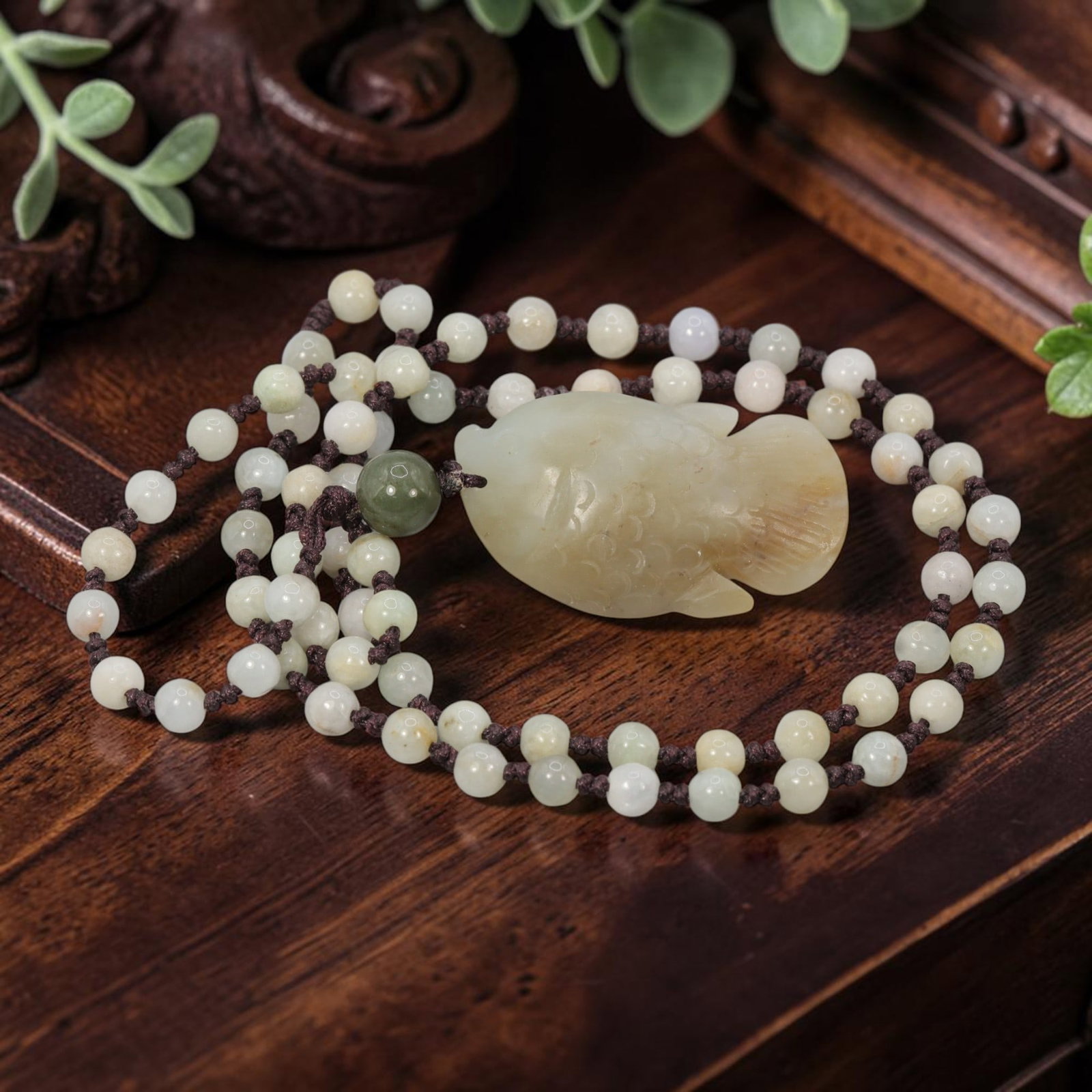 Burmese Jadeite Beaded Necklace with Hetian Sugar Jade Fish Pendant, 63YJ: This necklace features a hand-carved Hetian sugar jade fish pendant paired with natural Burmese jadeite round beads, strung on a brown cord. The pendant is crafted from warm caramel-toned sugar jade, 