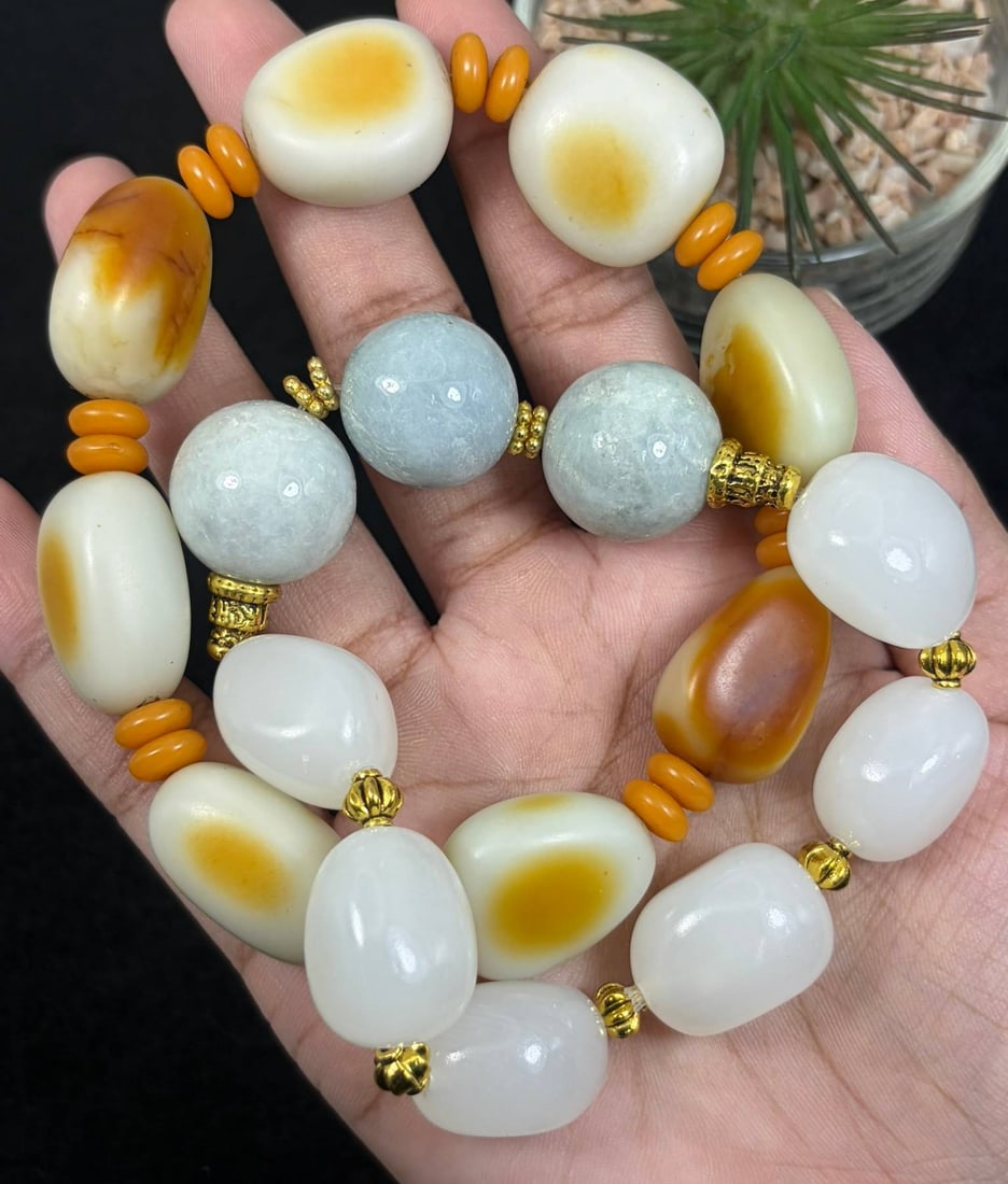 Lot of 2 Natural Chinese White Nephrite Hetian Seed Jade Bracelets, 19AS (1 of 2)