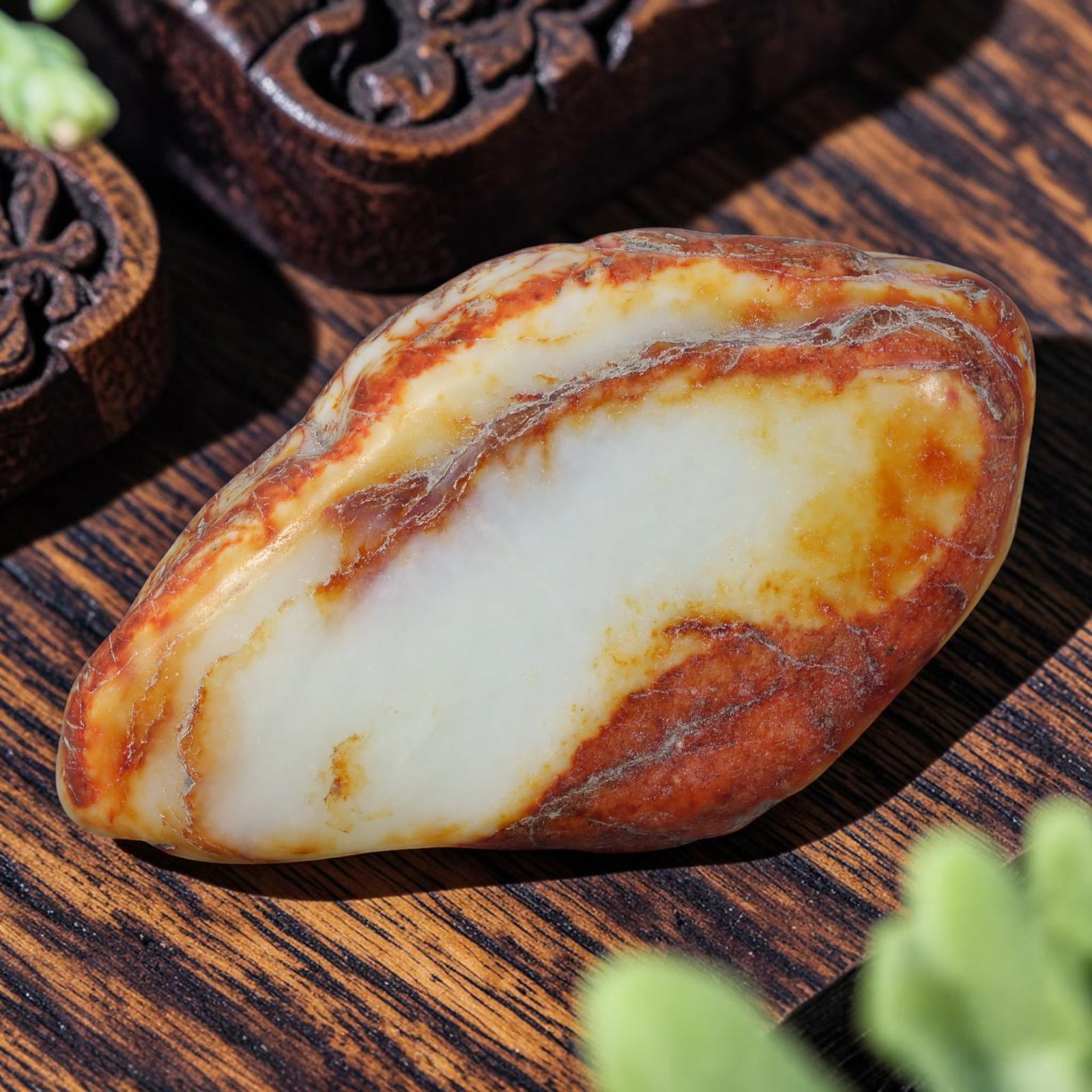 Natural Chinese Hetian Mutton Fat Nephrite Raw Seed Pebble Jade Stone, 69AS: This unprocessed raw specimen is genuine natural Chinese Hetian mutton fat nephrite seed pebble jade. It features a large clean creamy mutton fat white jade core framed by vivid layered red and golden
