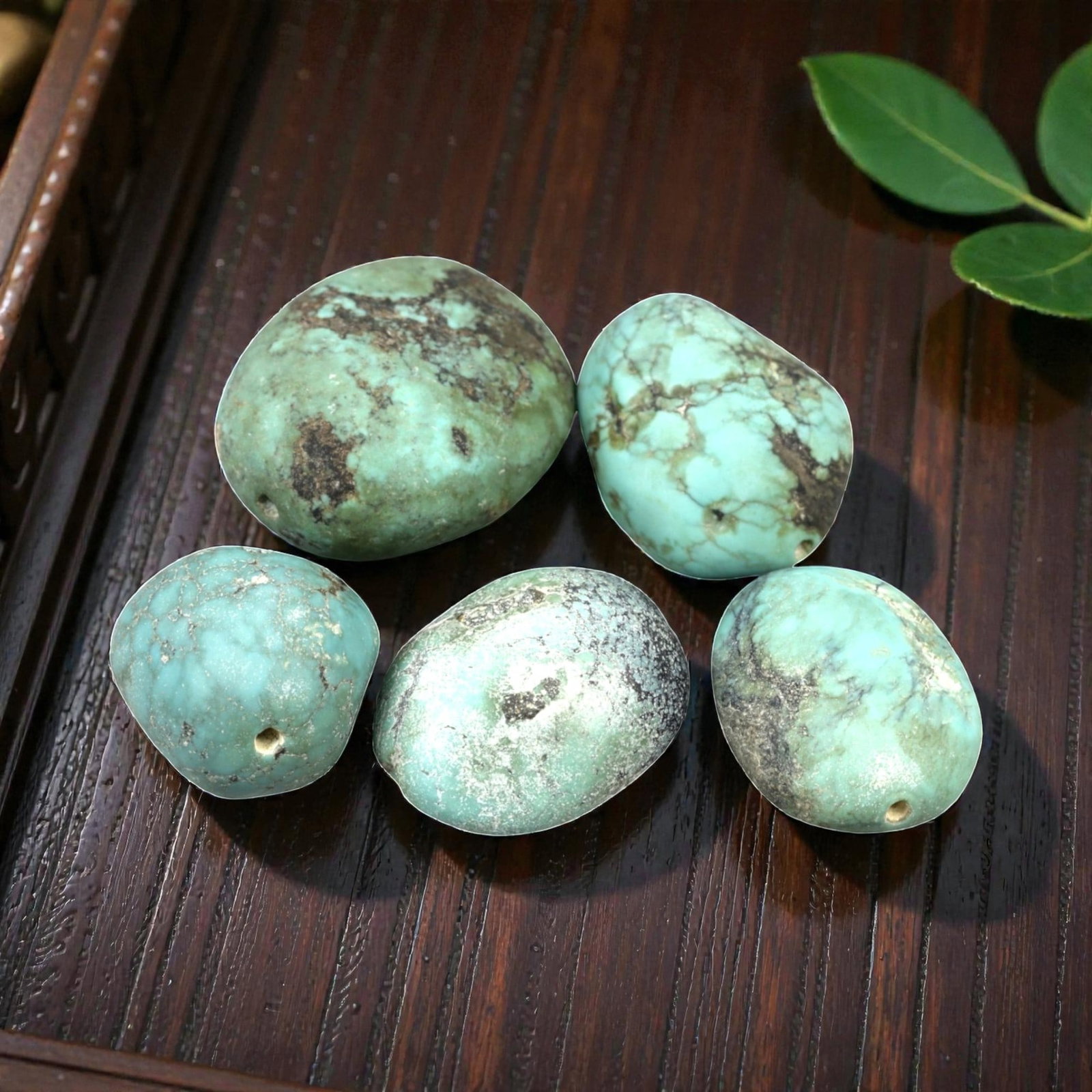 A Lot of 5 Old Tibetan Style Turquoise Prayer Beads Collection, 54XD: This set of vintage Tibetan turquoise beads embodies the deep cultural significance long associated with turquoise across Himalayan regions. Valued for its protective qualities and symbolic link to sk