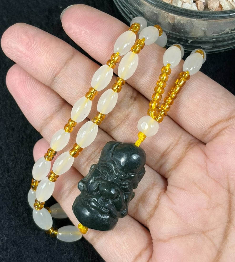 Natural White Afghan Irregular Jade Bead Necklace With Nephrite Hetian Luohan Head Pendant, 29AT (1 of 2)