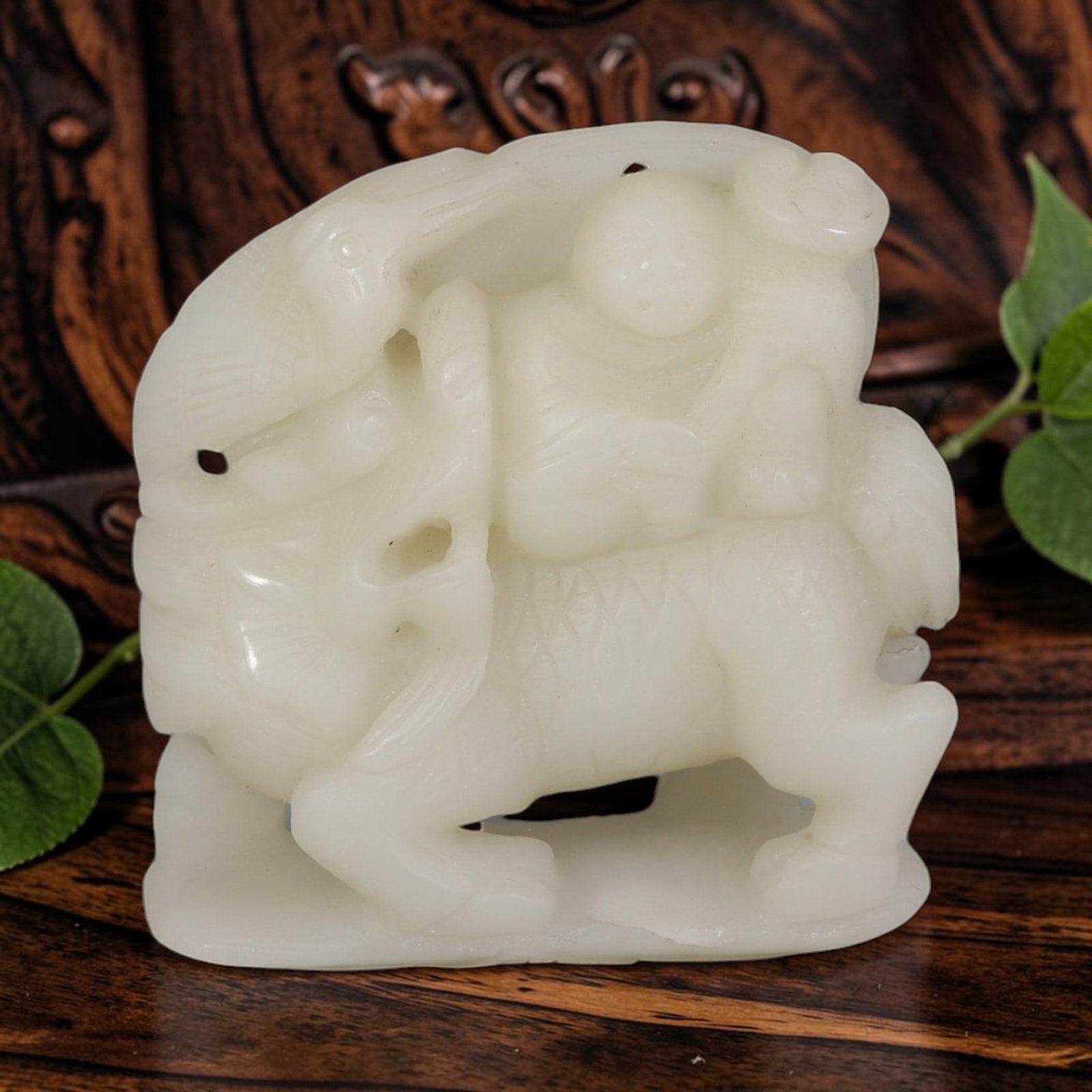 Chinese Hetian Nephrite Jade Pendant - Carved Figural Group, 72AS: Crafted from solid Chinese Hetian jade, this piece is executed with traditional hand-carving techniques, featuring precise relief detailing, smooth polished surfaces, and intentional openwork piercing