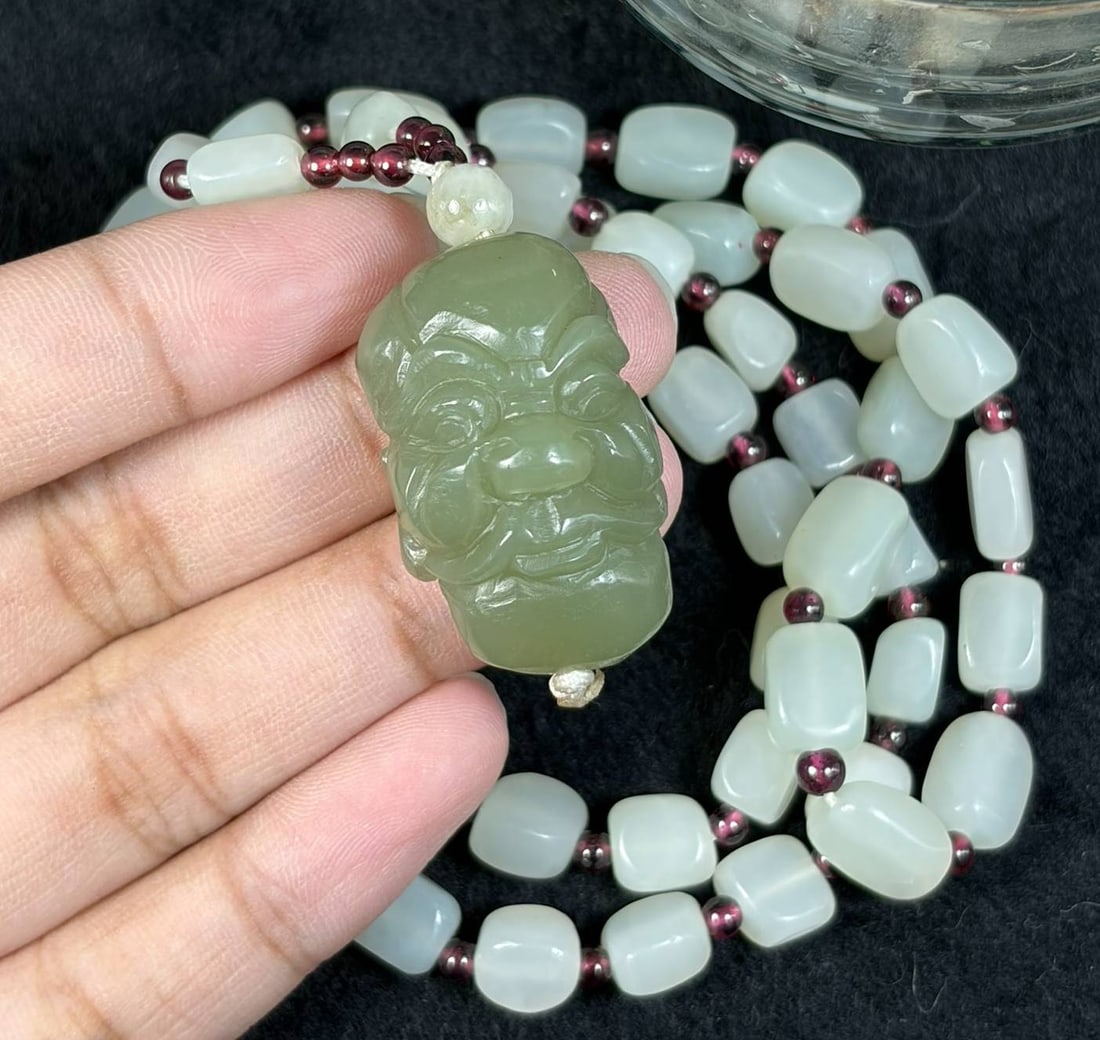 Natural Xinjiang Hetian Pale White Seed Jade Necklace With Celadon Luohan Head Pendant, 28AT: This complete wearable jade necklace strand measures 62 cm in total length, crafted from authentic untreated Xinjiang Hetian mutton fat white river seed nephrite pebbles with subtle faint natural skin