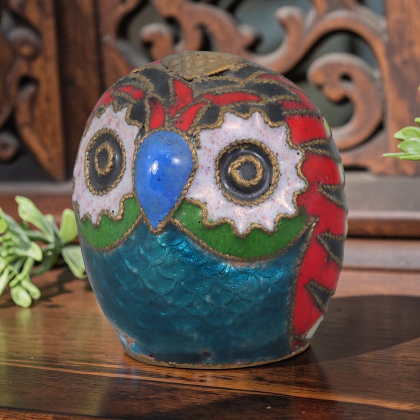 Vintage Chinese Copper Cloisonne Egg Owl Figurine - Multicolor Enamel Effigy, 33AR (1 of 3)