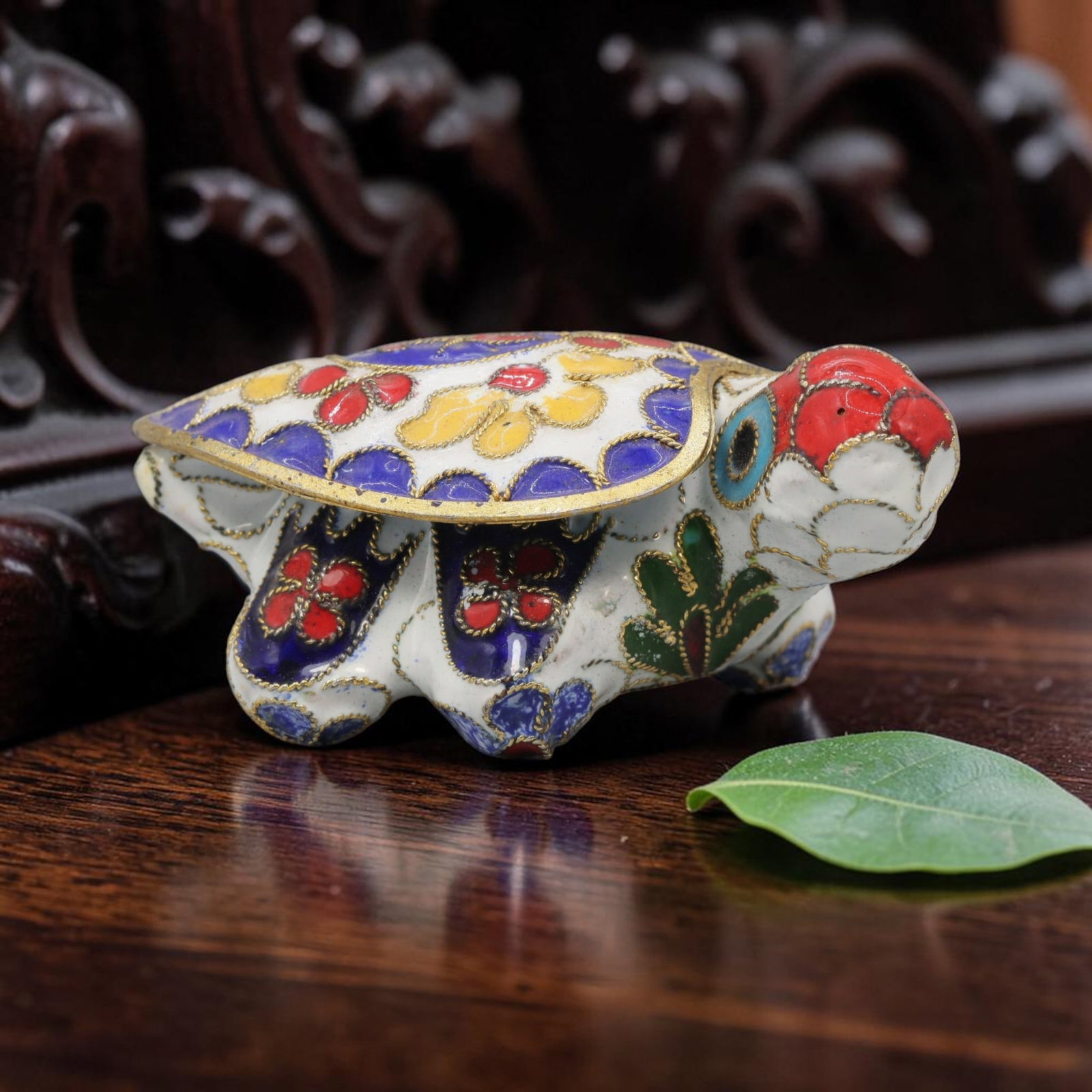 Vintage Chinese Copper Cloisonne Turtle Trinket Box - Enamel Figurine Casket, 38YF: Crafted from copper base metal with fine cloisonne wire filigree and hand-fired polychrome enamel glazes, this whimsical turtle-shaped lidded trinket box features vibrant floral and geometric motifs a