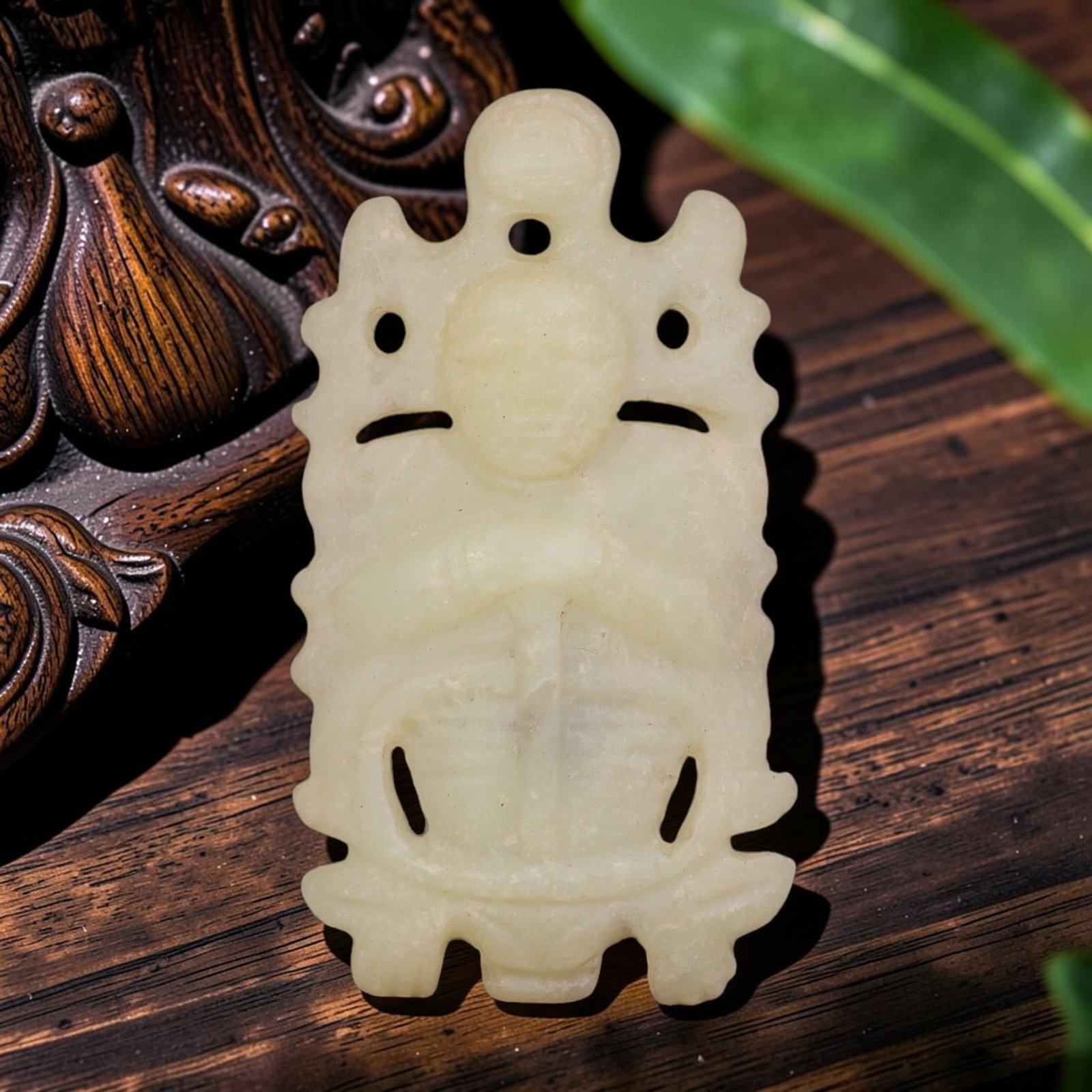 Chinese Hetian Nephrite Jade - Carved Figural Pendant, 74AS: Crafted from solid Chinese Hetian nephrite jade, this piece is executed with traditional hand-carving techniques, featuring precise relief detailing, intentional openwork piercing, and smooth polished