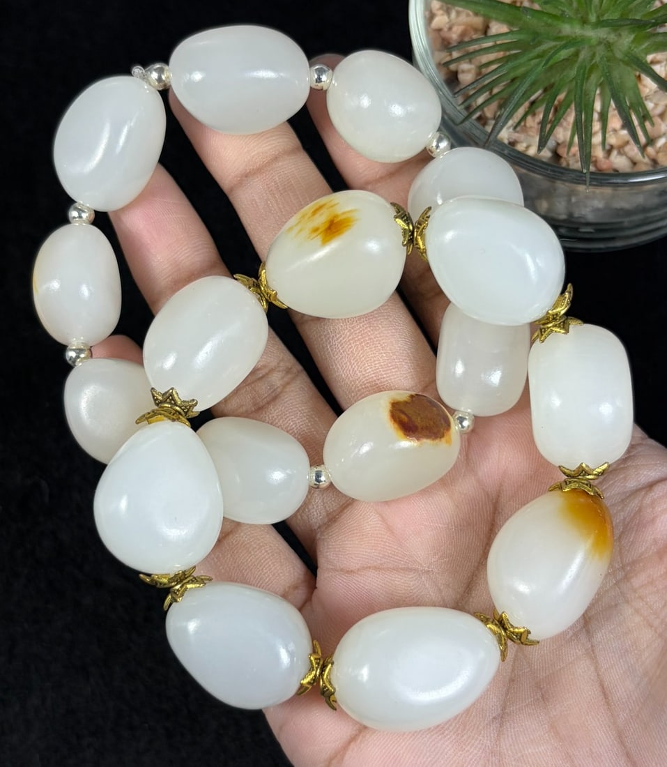 Lot of 2 Natural White Hetian Nephrite Seed Jade Bracelets, Largest 2cm Raw Skin Pebble Beads, 76AR (1 of 2)