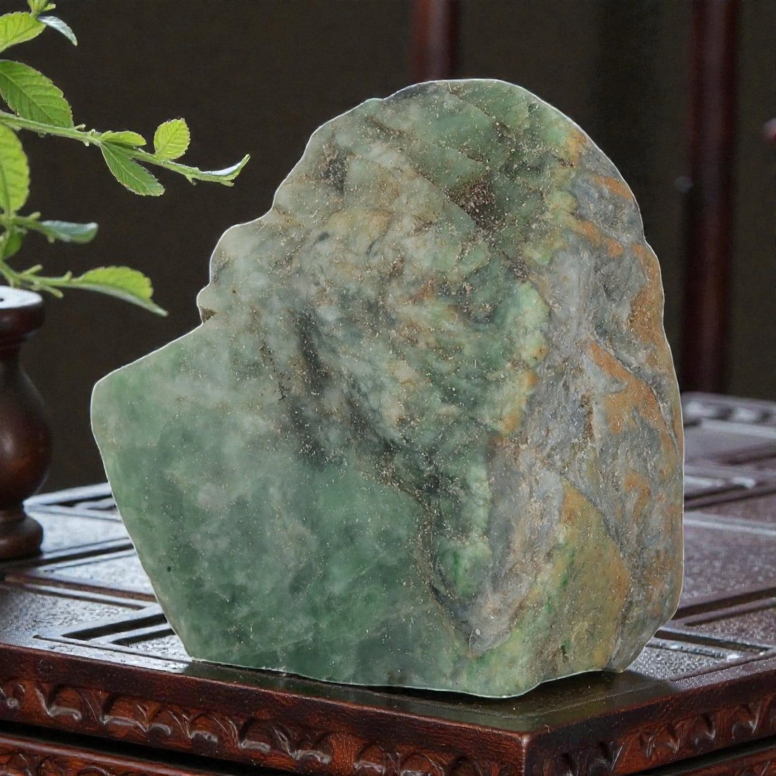 170ct Natural Burmese Light Green Moss-in-Snow Jadeite Jade Rough Stone, 81EA: This is a natural Type A Burmese jadeite jade rough stone, measuring 3.5x2.8cm and weighing 34g (170ct). It features a semi-polished surface showcasing the classic "moss-in-snow" pattern, with light g