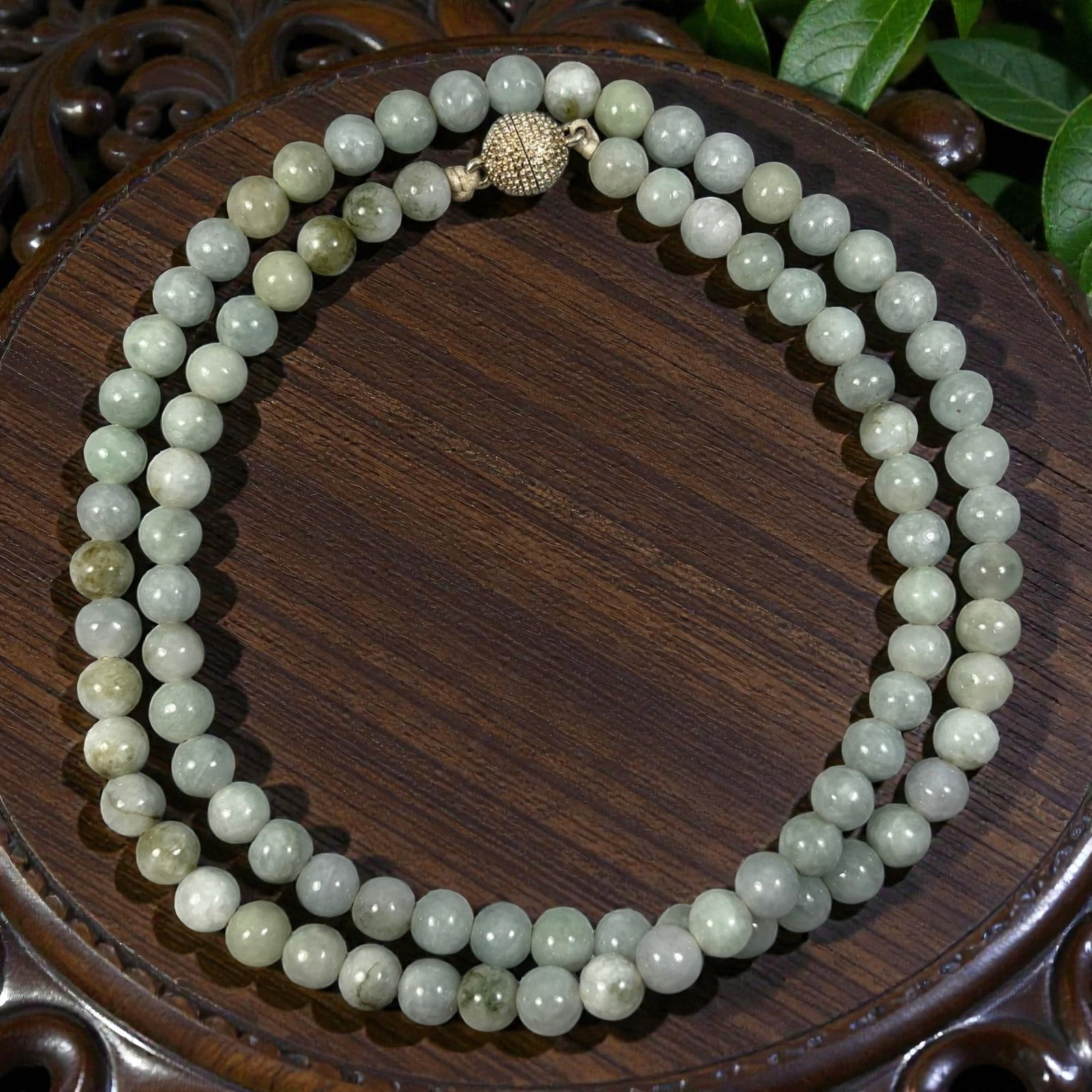 Natural Burmese Pale Celadon Type A Jadeite Jade Bead Necklace, 37YG: A continuous strand of uniformly spherical polished Type A jadeite beads with soft pale celadon green and milky white blended natural coloration, featuring subtle internal mineral flecks, faint veinin