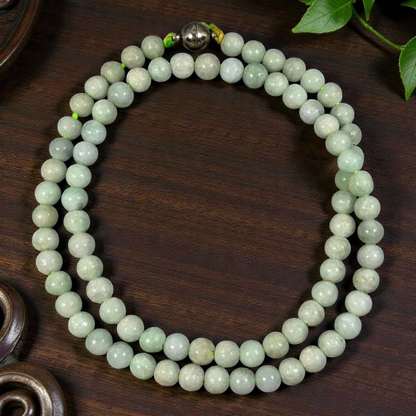 Natural Burmese Pale Green Type A Jadeite Jade Bead Necklace, 36YG: A continuous strand of evenly spherical polished Type A jadeite beads with soft pale mint green and milky white blended natural tone, exhibiting subtle internal mineral inclusions and gentle faint col