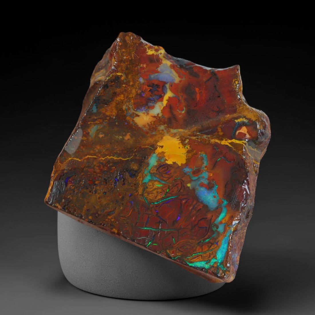 39.41ct Natural Australian Queensland Boulder Opal Sliced Slab Cutting Rough, 5AX: Natural sliced slab rough of Queensland boulder opal cutting grade, featuring rich color ironstone matrix with patterns. The face clearly reveals extensive opal veining and pocket formations running t