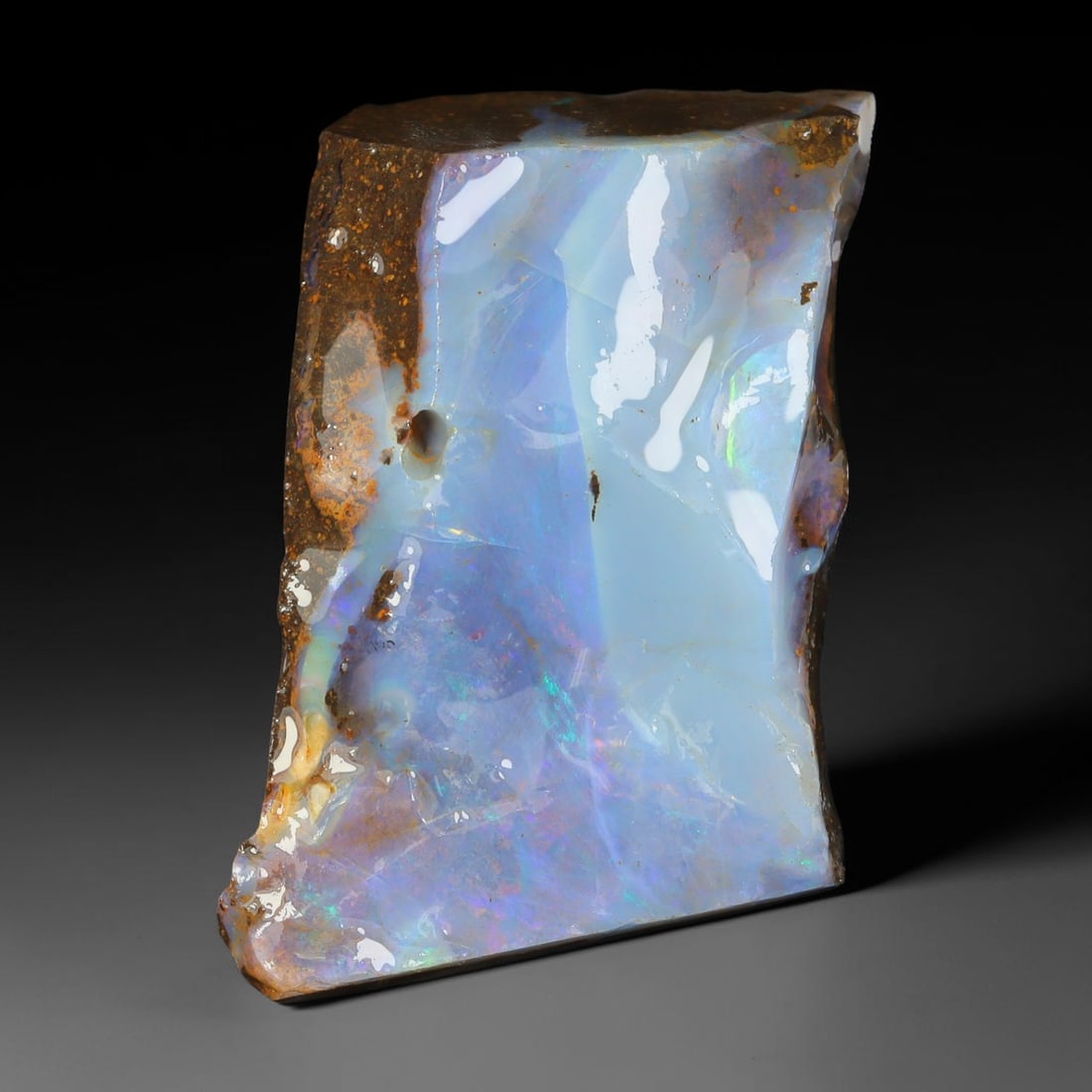 37ct Natural Australian Queensland Boulder Opal Sliced Slab Cutting Rough, 5YL: Natural sliced slab rough of Queensland boulder opal cutting grade, featuring rich color ironstone matrix with patterns. The face clearly reveals extensive opal veining and pocket formations running t