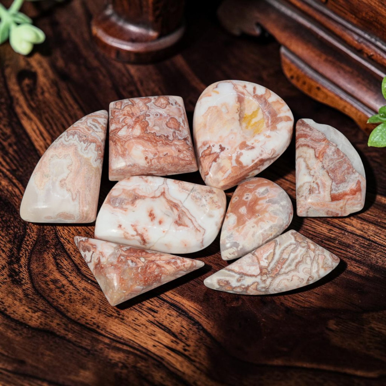 200.20 Carats Natural Pink Crazy Lace Agate Mixed Shape Cabochon Lot, 23WC: Hey there, friend! Let me tell you about this nice batch of eight polished crazy lace agate cabochons with gorgeous swirling natural lace patterns all their own. These little beauties feature a creamy