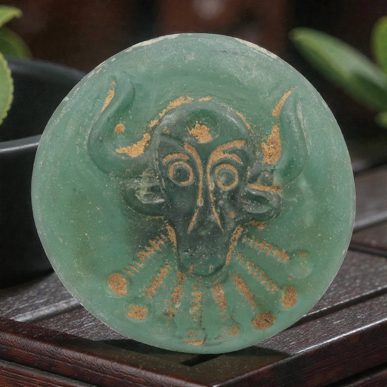 An Ancient Roman Glass Bull Amulet Pendant, 24AH: A single ancient-style glass amulet pendant, crafted from translucent turquoise Roman glass, measuring approximately 5 cm in diameter. The pendant features a deeply incised bull's head motif with prom